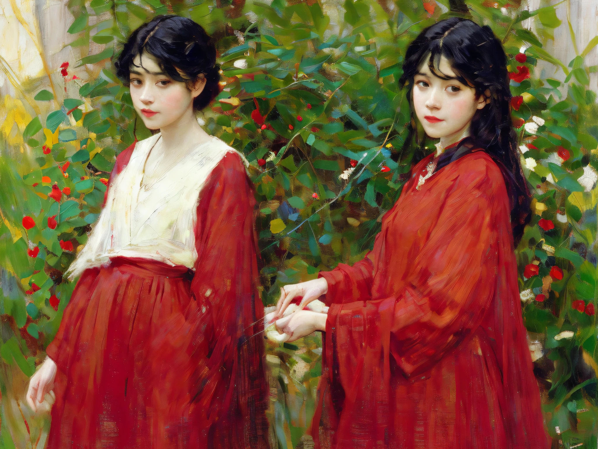 Sargent, Mucha, frontage, Kizi, black hair, Long hair, Lips, Closed mouth, child in red dress, greenery, plants, brushstrokes, 1girl