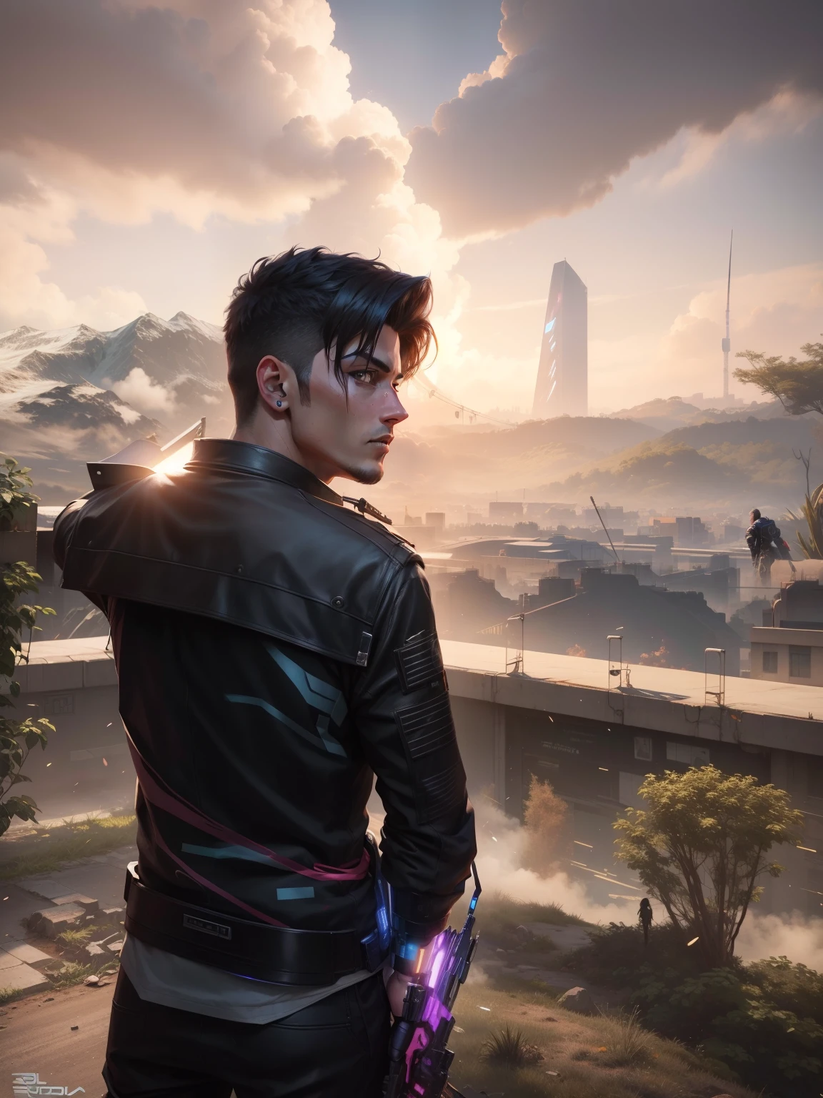 Change background cyberpunk handsome boy. realistic face,8k ultra realistic,