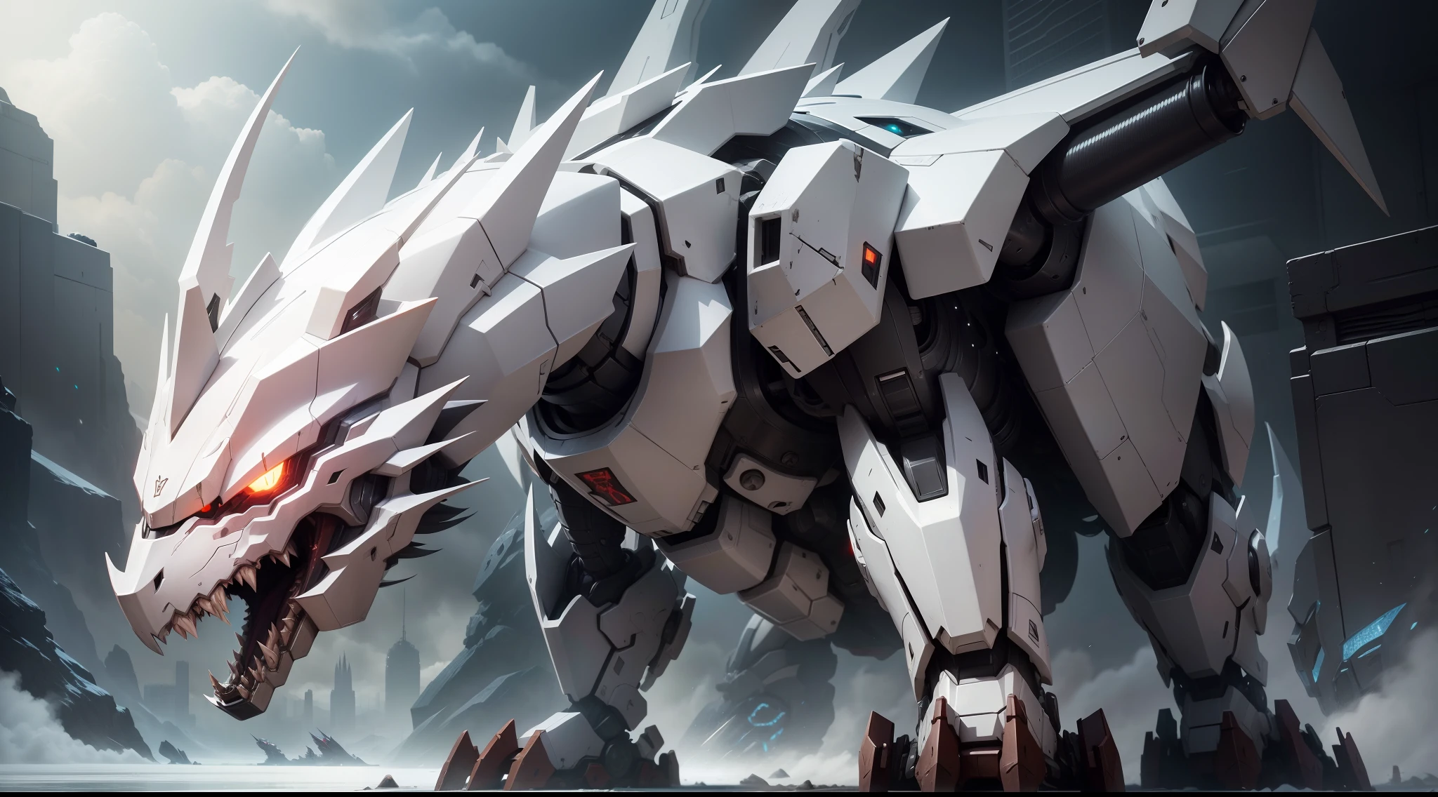 a close up of a drawing anime style of a dragon with a sword, well armored mech dragon, white mecha iron, reflected sliver ice color armor, sharp robot dragon paws, draconian looking armor, art zoids, sharp dragon claws robot, Omegamon concept art, Robot dragon feet, Giga, white mecha, snarling robot dog head, cyborg dragon
