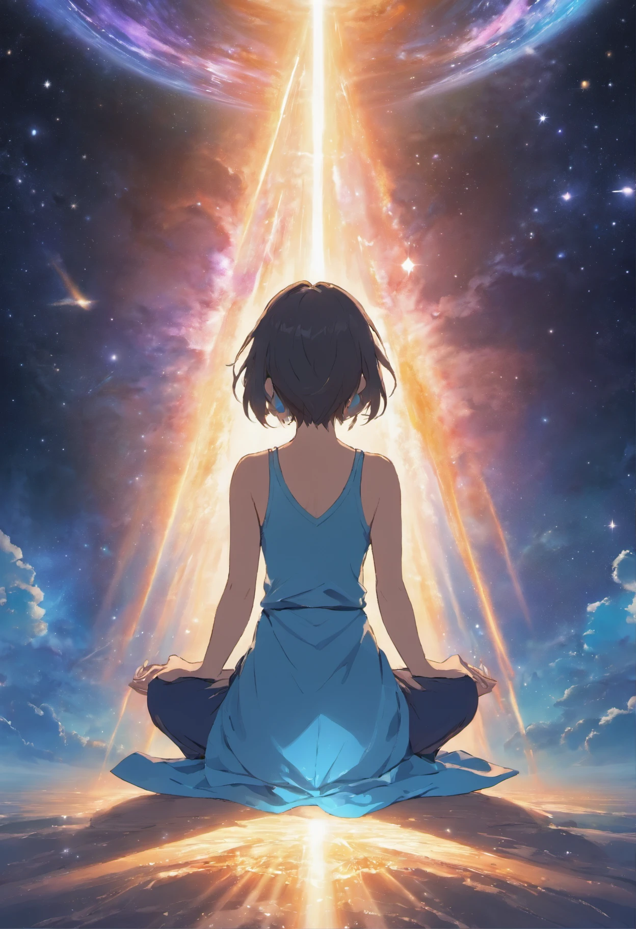 Suppose you divide an image into two main sections, The top half features a vast universe filled with beautiful galaxies, And the bottom half is、Shows a cross-section from Earth to mantle. no centro, Onde os dois mundos se encontram, Girl sitting in zen meditation pose.
A pillar of light emanates from the human head, Alcance para cima、Fusion into cosmic celestial bodies. This light represents a connection to the universe, Symbiosis of the individual with the infinite mysteries of the universe. Simultaneamente, Another pillar of light is、Descending from where humans are sitting, Penetrando profundamente no manto da Terra. That's、It means a grounding connection with the earth, Transcending it through meditation、Anchoring a person to physical reality.
The lighting in this image is as balanced as the air, Emphasize the duality of existence: Physics and metaphysics. Usando uma lente grande angular, 16-35mm f, etc./2.8, You can capture this wide range, Pequenas aberturas como F/11 allows you to focus on all the elements.
Regarding lighting, O macio, Jogando luz difusa sobre uma figura meditante、should give an almost ethereal glow, Ou seja, lighting lighting. For the background, Select Dynamic Contrast and click、Fly out of the galaxy and the inner layers of the Earth, presumivelmente、Use post-production techniques to fine-tune details.