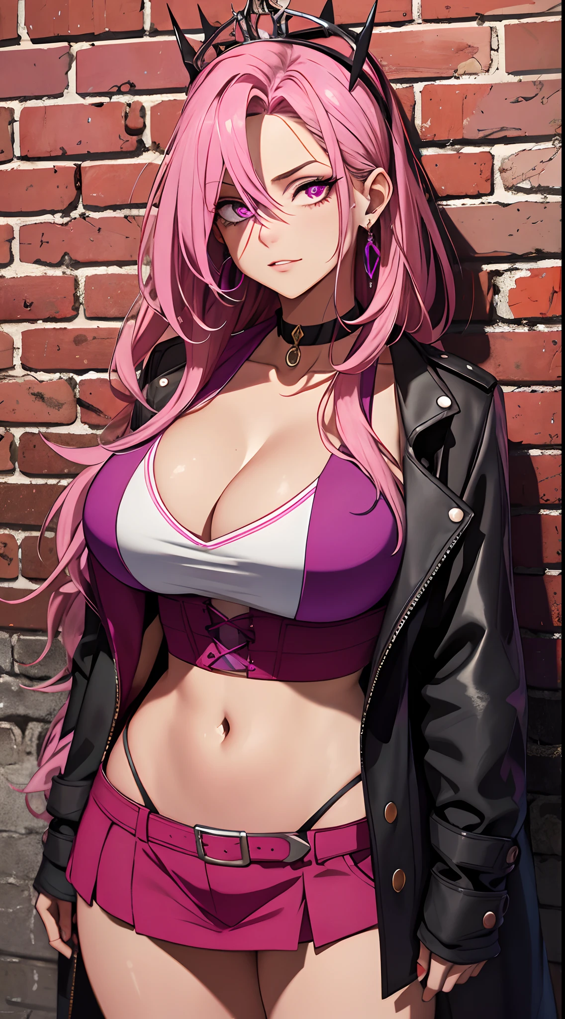 (masterpiece, best quality, 1girl, solo, fine detail, chromatic aberration), realistic, (medium breath)), long hair, pink hair, red tiara, pink highlight, hair above one eye, purple eyes, earrings, sharp eyes, choker, neon shirt, open coat, leaking big breasts, confused eyes, crop top, (symmetrical eyes), (perfectly symmetrical body), against the wall , brick walls, graffiti, dim lights, alleys, looking at the audience
