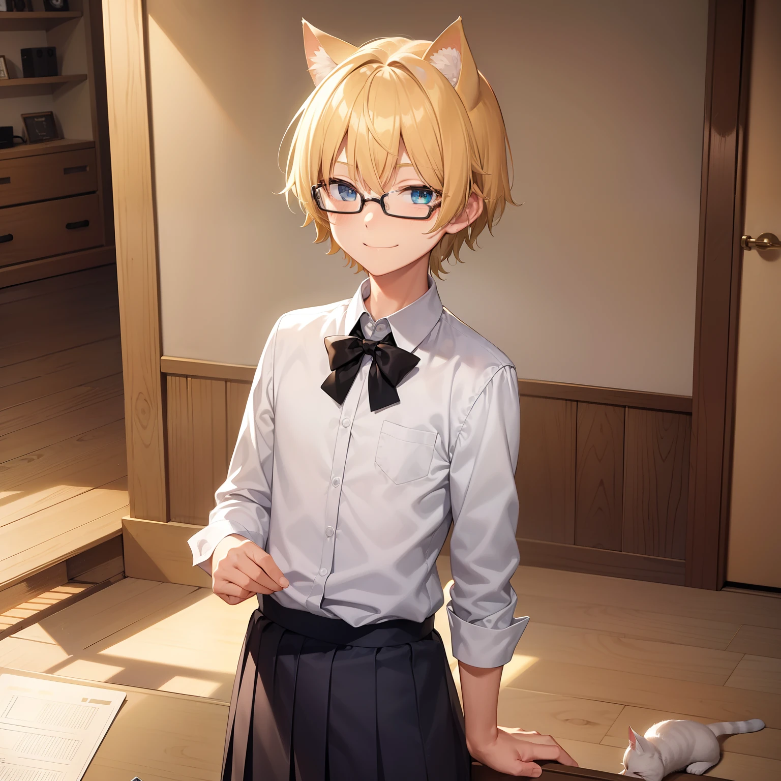 young boy, 10yo, blonde spiky hair, blonde cat ears, square glasses, white school uniform, light cyan eyes, bashful, mischievous smile, looking at viewer, home muji style, male