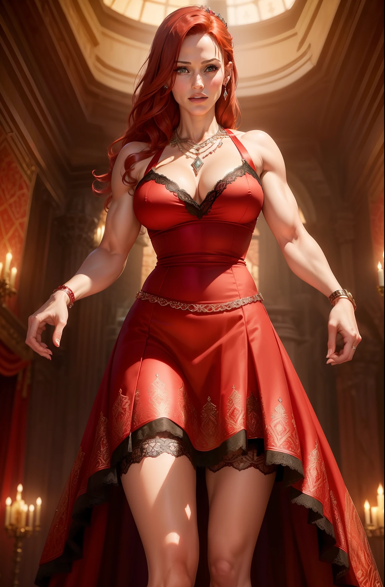 Jennifer Garner in a red and black intricate lace evening dress, ((red hair)), ((defined muscles)), ((athletic build)), lots of cleavage, thigh showing, underwear showing, ((in an ancient castle ballroom)), ((intricate diamond necklace)), ((Very colorful background)), (((garters)))