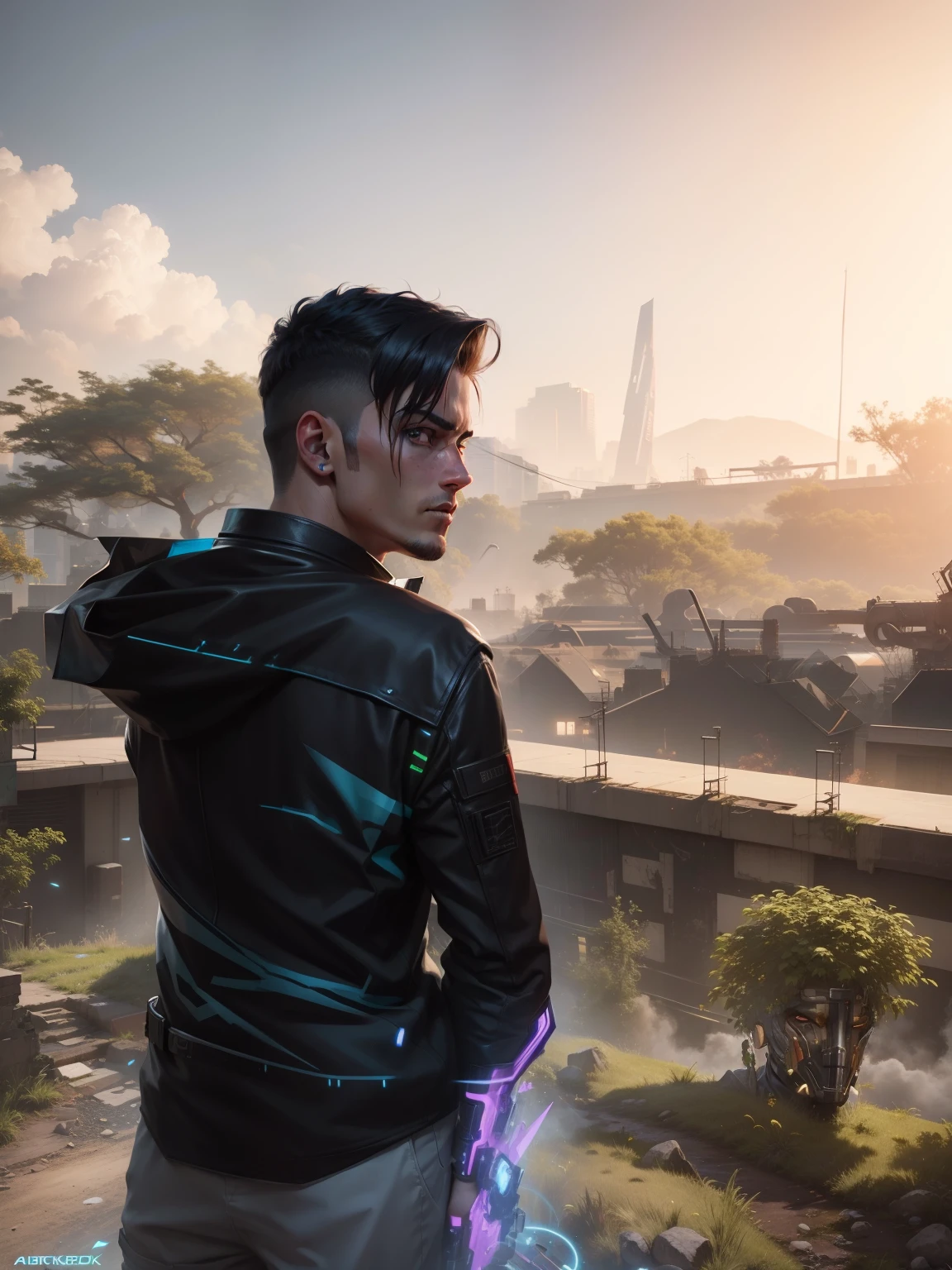 Change background cyberpunk handsome boy. realistic face,8k ultra realistic,