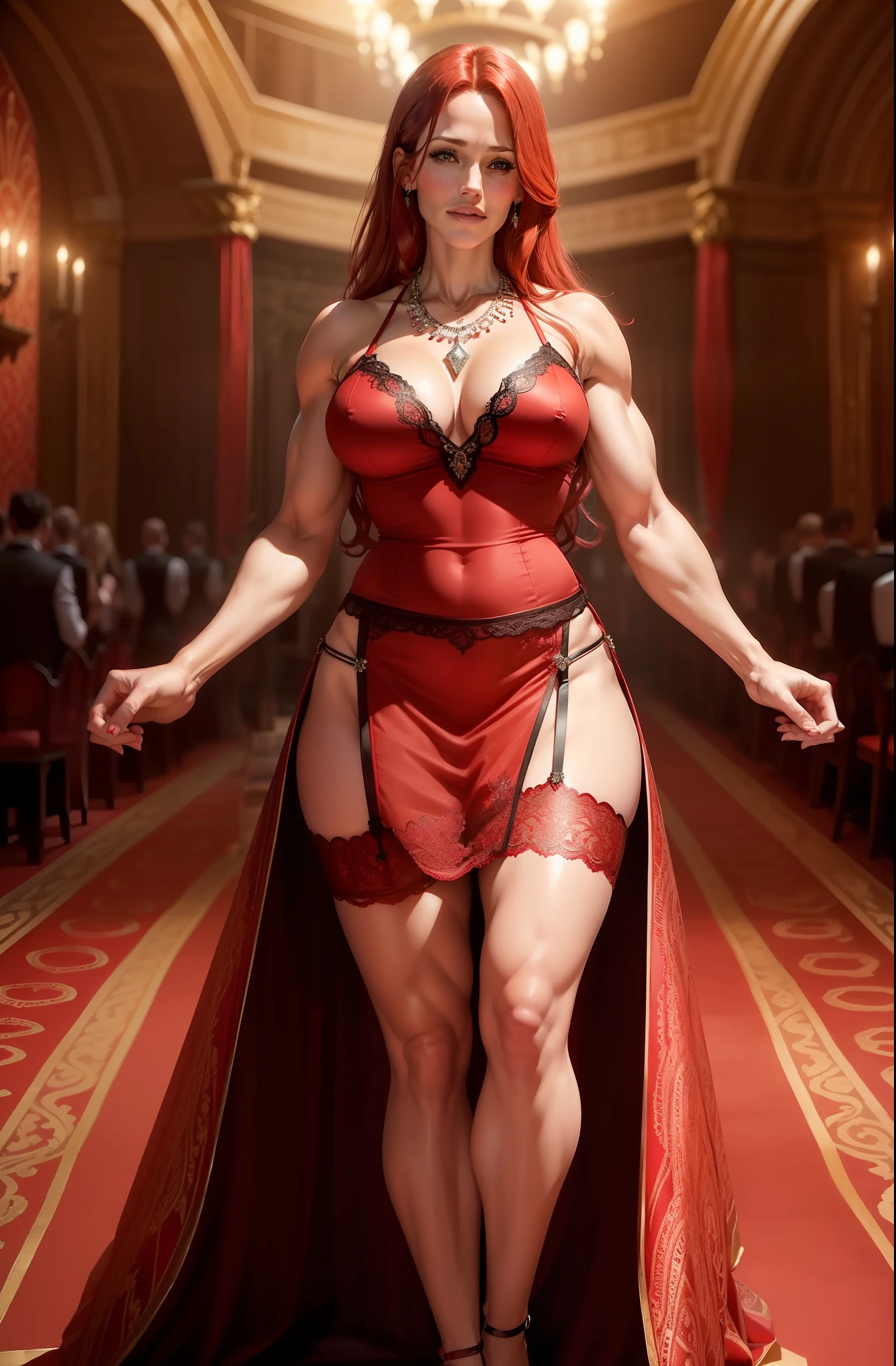 Jennifer Garner in a red and black intricate lace evening dress, ((red hair)), ((defined muscles)), ((athletic build)), lots of cleavage, thigh showing, underwear showing, ((in an ancient castle ballroom)), ((intricate diamond necklace)), ((Very colorful background)), (((garters)))