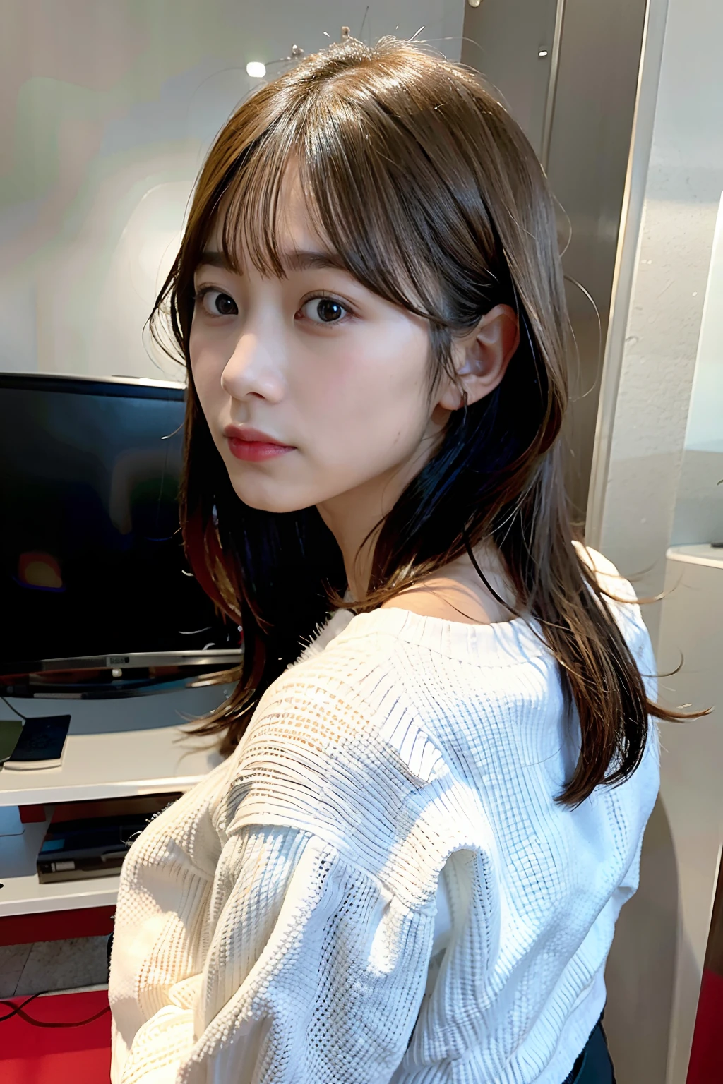 Woman looking back while watching TV