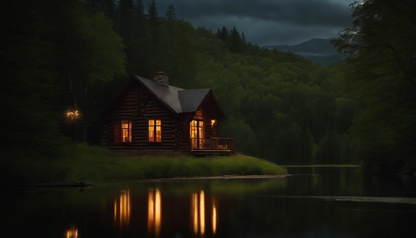 storm in the woods, a cabin with windows and doors illuminated by light, a pond in front of the cabin, realistic, cinematic high definition image