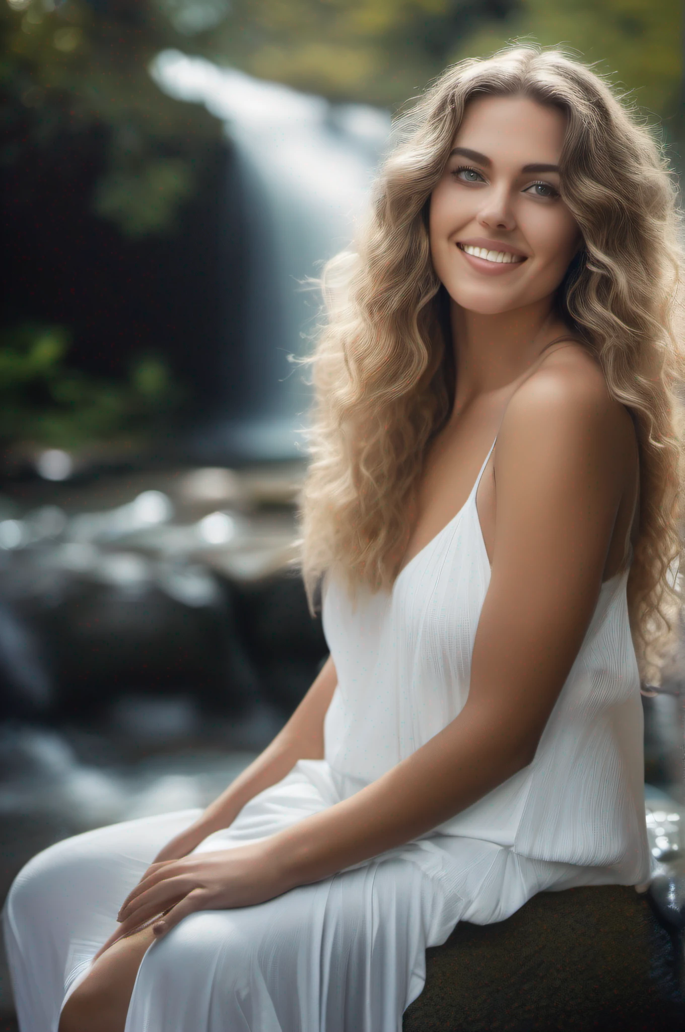 beautifull woman with soft lush curly white long hair, standing in front of a waterfall,
in a white swimming costume, perfect symmetric eyes, gorgeous face, smiles, beautiful hands,
style of cheerful and atmospheric, minimalist portraits, extremely detailed skin
with pores, raw photo-realistic techniques, high resolution, photorealism, realistic,
high quality, high definition, hdr, 8k
