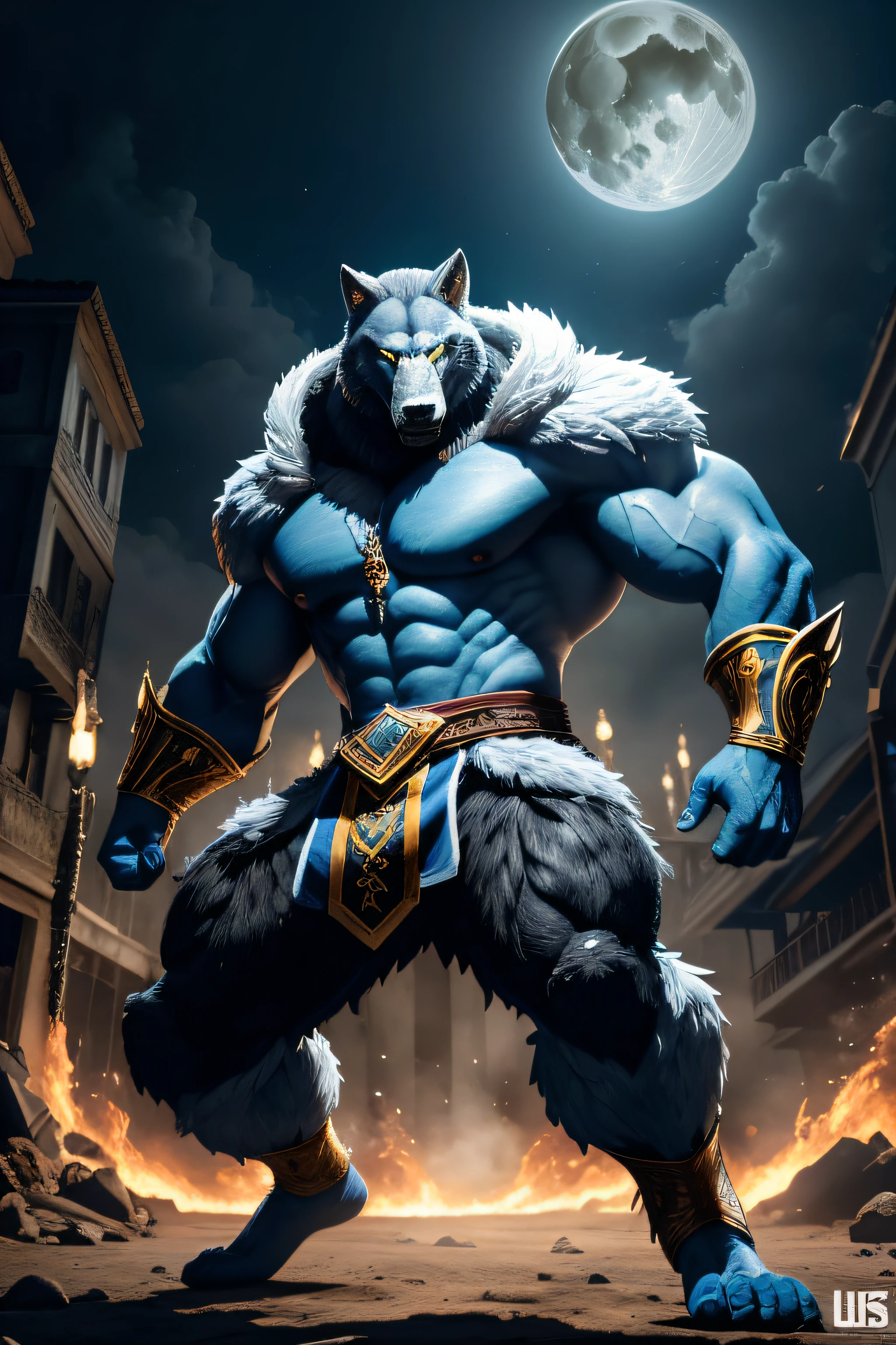 um homem se transfora em Voliwerewolf, minotauro, mandibulas, ((musculoso)), ((muito irritado)), num mundo apocaliptico, usando trajes do homem gelo+Heiden de Mortal Kombat+Shazam, UHD,FHD,HDR, realista, 3D, azul+branco+dourado. ((lobisomem feroz e irritado, monstruoso)), lobo