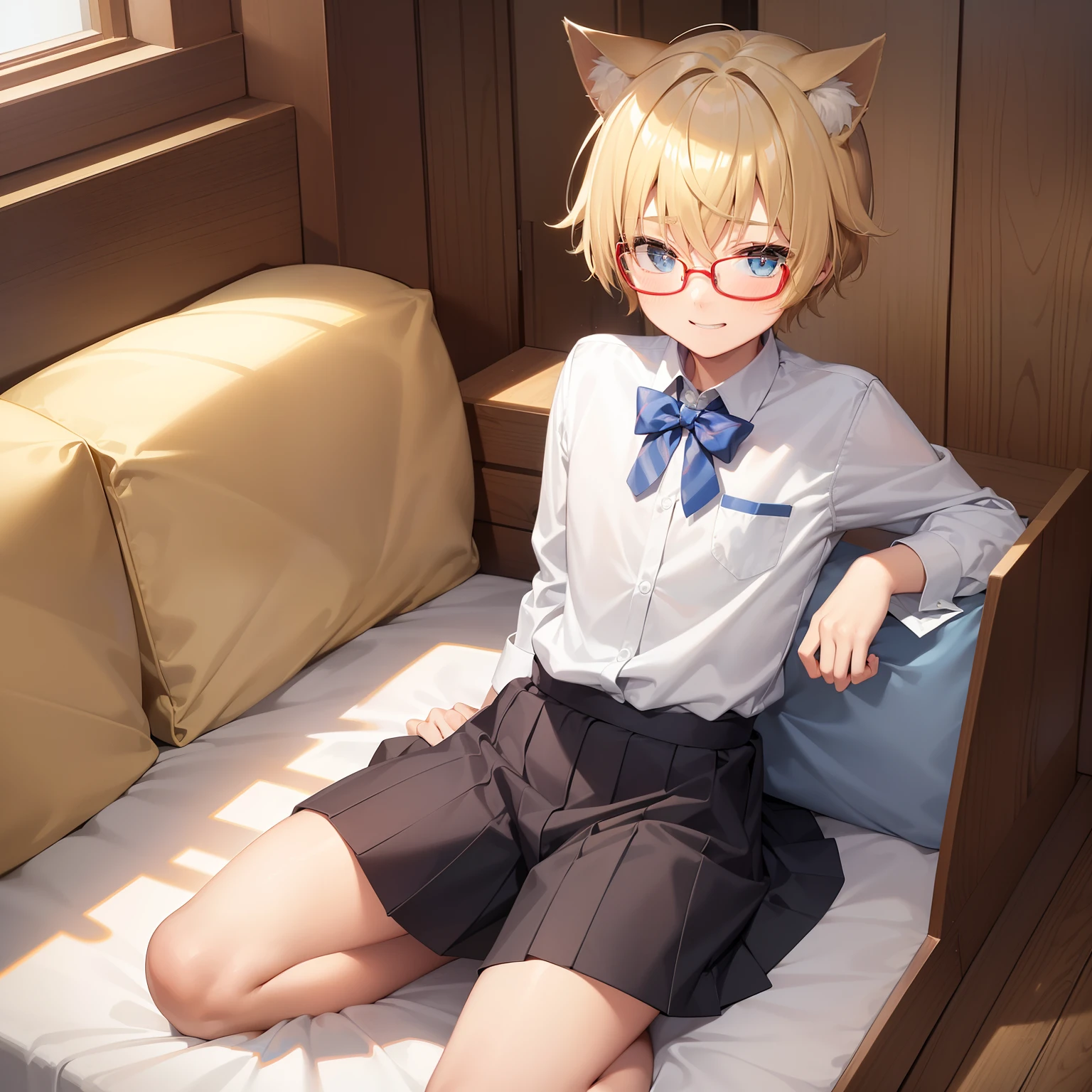 young boy, 10yo, blonde spiky hair, blonde cat ears, square glasses, white school uniform, light cyan eyes, bashful, mischievous smile, looking at viewer, home muji style, male