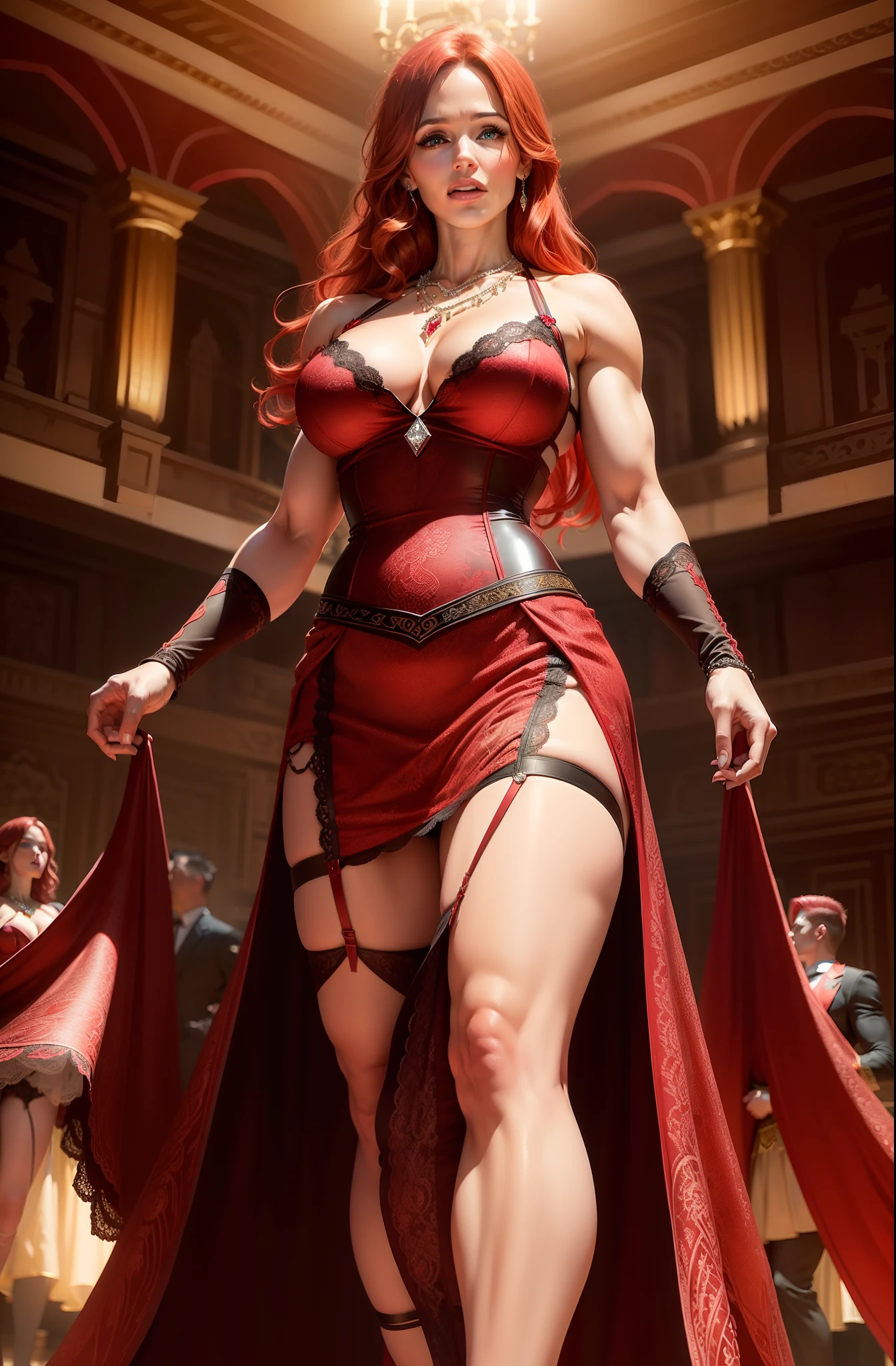 Jennifer Garner in a red and black intricate lace evening dress, ((red hair)), ((defined muscles)), ((athletic build)), lots of cleavage, thigh showing, underwear showing, ((in an ancient castle ballroom)), ((intricate diamond necklace)), ((Very colorful background)), (((garters)))