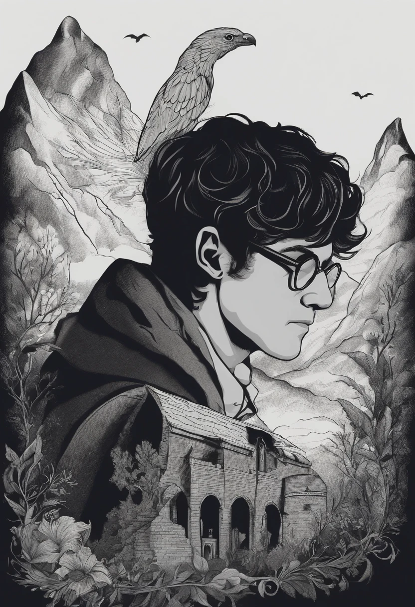 /imagine prompt: Harry Potter illustration for a sticker with a black background, in bold outline style, jagged edges, trashcore, light shading