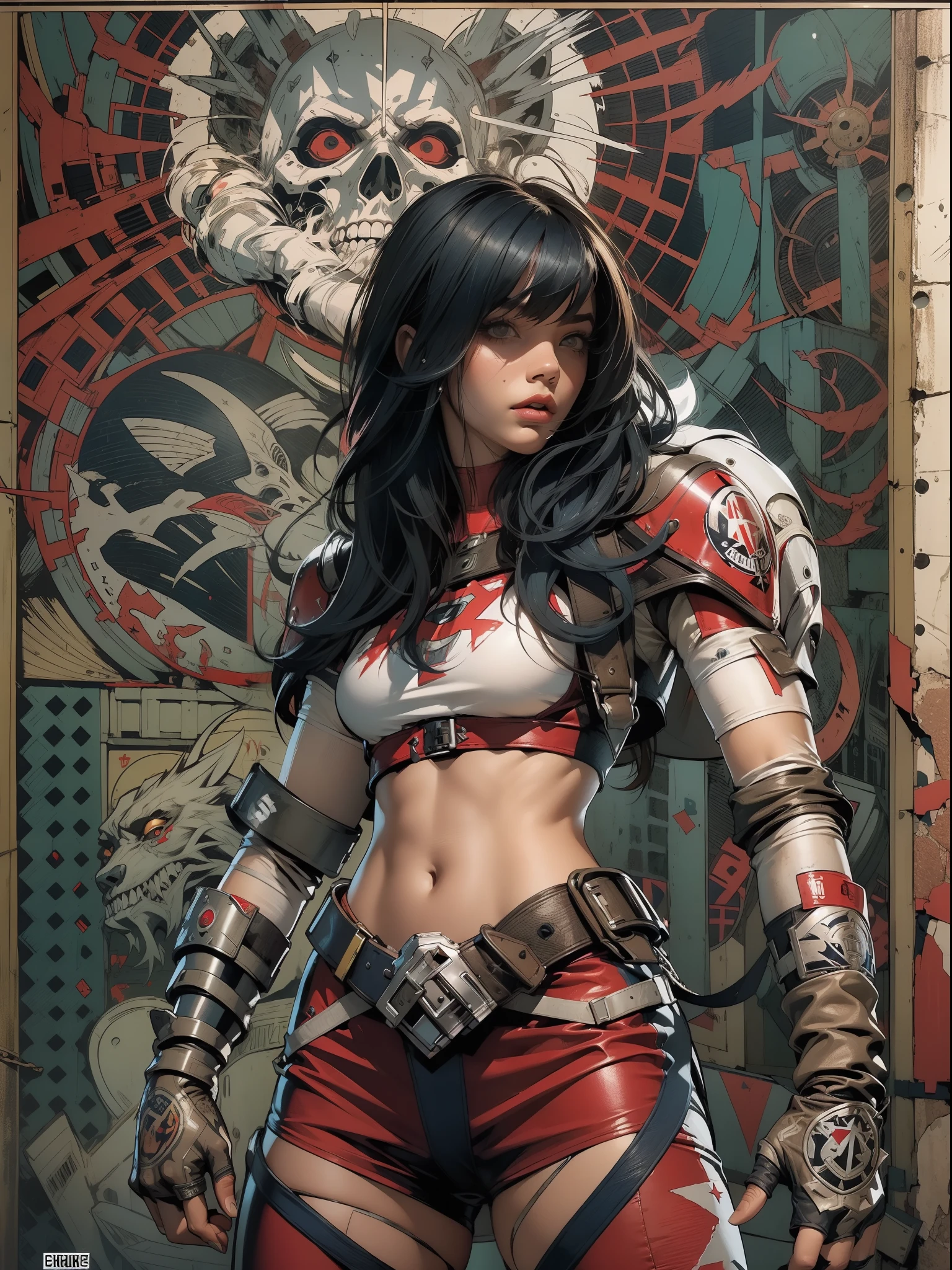 (((mulher))), (((melhor qualidade))), (((obra prima))), (((adulto))), (((1girl))), ((( corte de cabelo bob ))), Uma gladiadora cyberpunk mulher de 25 anos com corpo perfeito, shoulder pads with metal spines, Gladiadores do Brooklyn, (( corte de cabelo bob )), tiny leather panties, camiseta de time de rugby rasgada, quase nua no estilo selvagem urbano de Simon Bisley para a capa da revista Heavy Metal, Cabelo loiro curto, Minimum clothing, Metal protection on the left arm with intricate graphics, Dark red with white stars and black and white checkerboard pattern, armadura, cheio de pontas e rebites, (((do joelho pra cima))), cabelos loiro branco curto, no fundo uma parede pintada por Shepard Fairey com um design intrincado