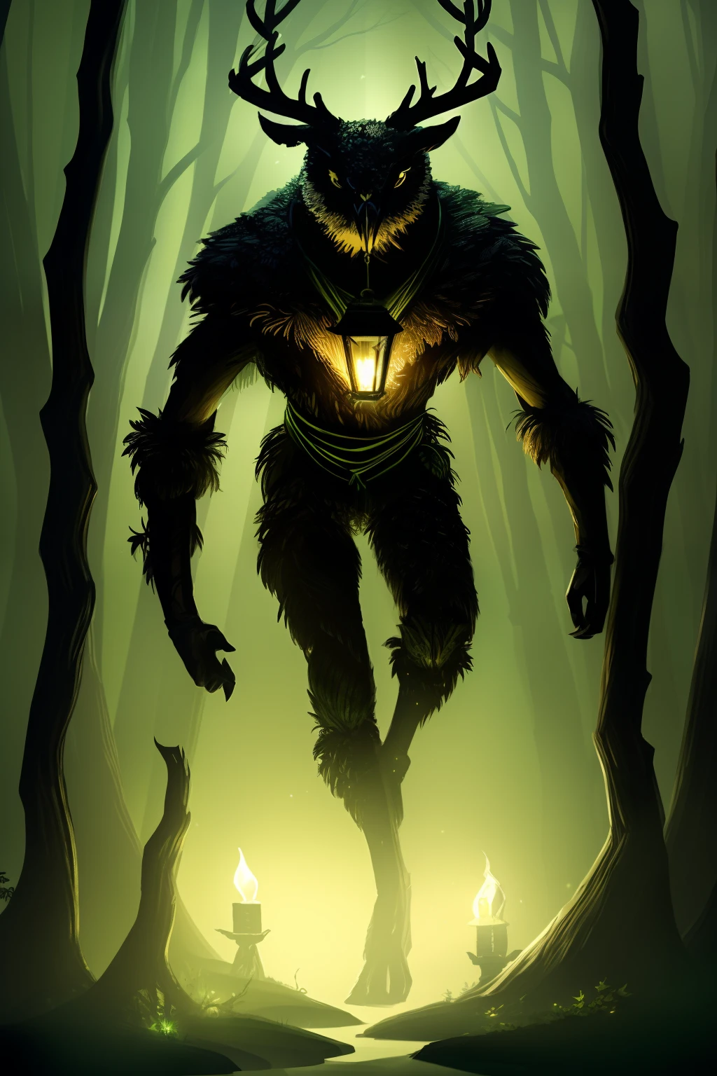 Masterpiece, highres, high Quality, night, dark forest, shadow, dark, dynamic pose, humanoid creature with deer legs, deer head with owl face, skinny and malnourished body covered in feathers, arms and legs wrapped in bands, holding lantern, lantern with green flames,