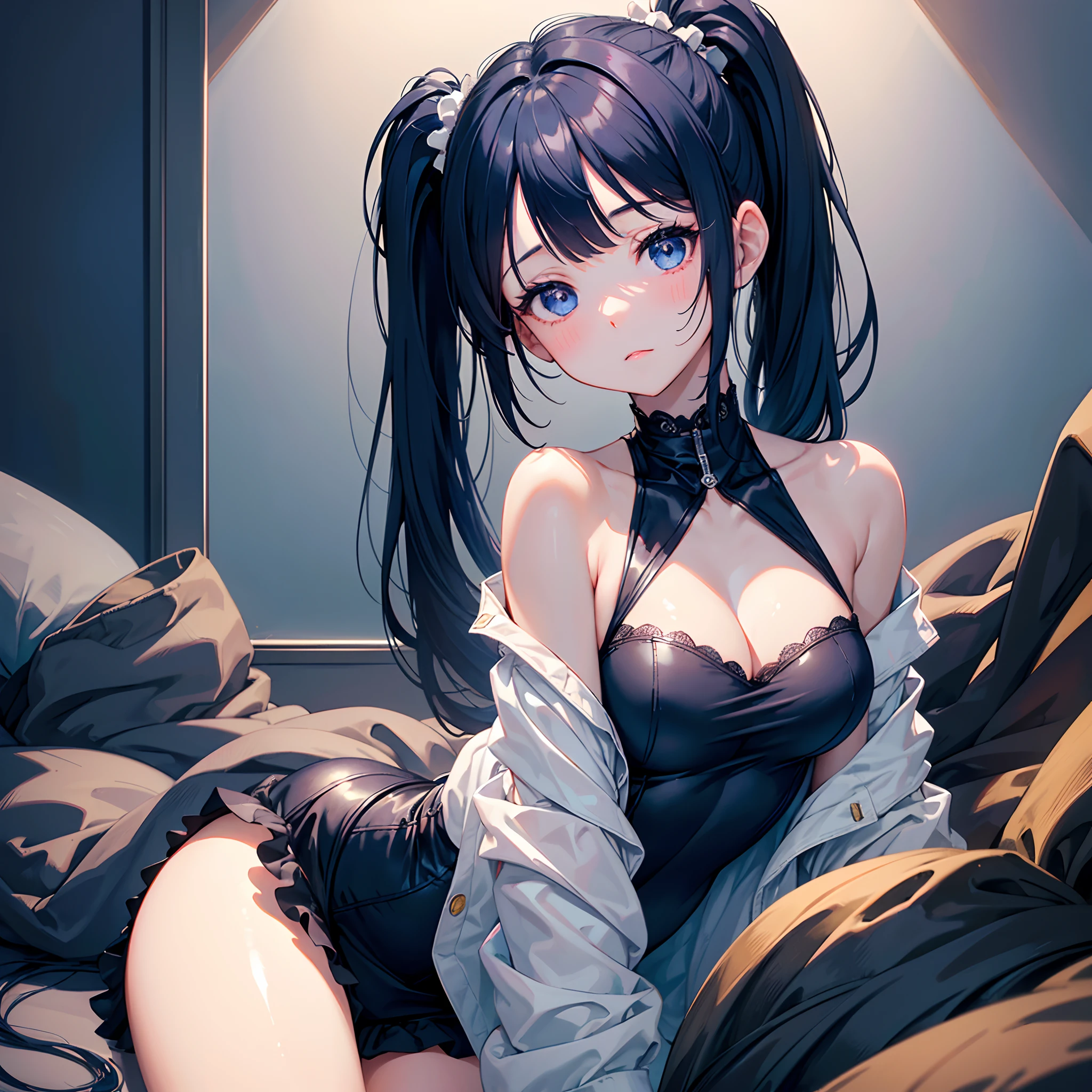 (masterpiece), best quality, expressive eyes, perfect face, navy blue hair, medium hair, pigtails hairstyle, black eyes, eyes detail, glowing eyes, soft skin, cute face, happy facial features, beautiful girl, high quality, high resolution, , long medium shot, sleepy eyes, view from below, one-piece outfit , lots of detail, night,
