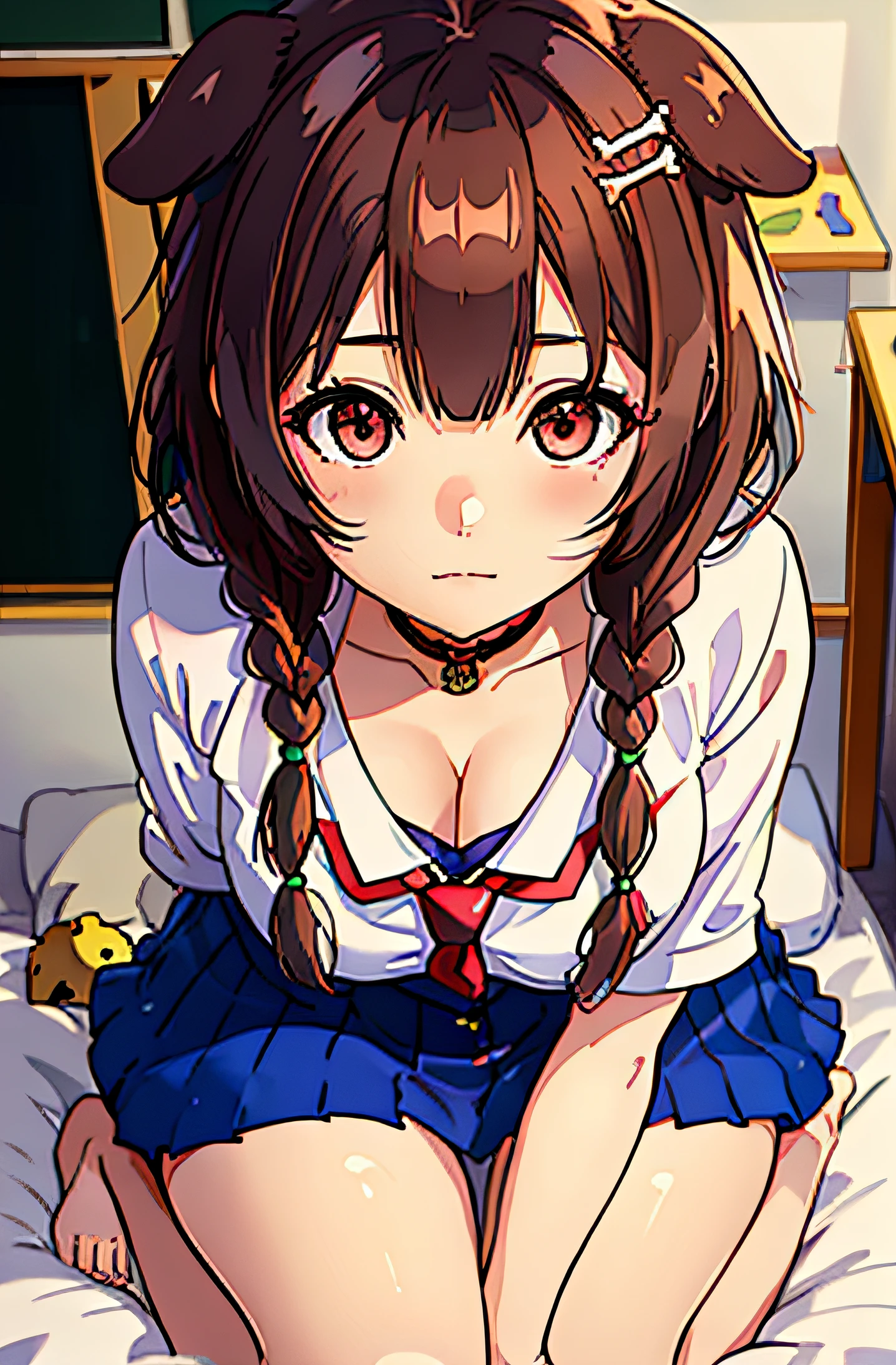 masterpiece, best quality, solo, (detailed eyes:0.9), (detailed lighting, depth of field:0.9), korone, school uniform, perfect tits, bed, bone hair ornament,