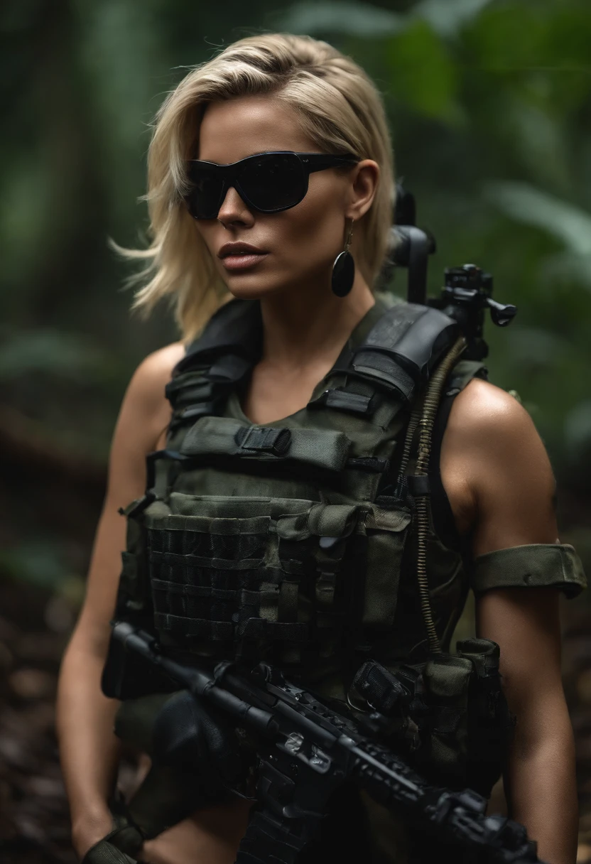 female jungle commando, (blonde:1.1), (sideshaved:1.35), black, (earrings, spikes, helmet, zippers sunglasses:1.2), (wet:1.2), (military gear:1.3) dark, gritty, gloomy, militaristic, (looking_at_viewer:1.3), solo, rainy, bokeh, dramatic lightning, (jungle background:1.2), abs, highly detailed, masterpiece, best quality, 8k, (oily skin, cell-shaded:1.3), naked, full body