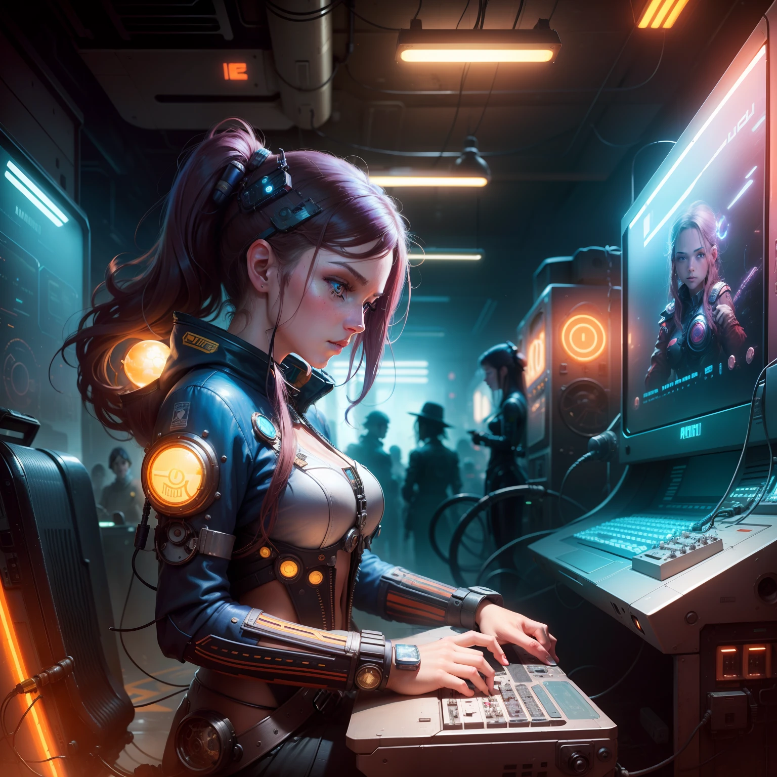 A girl working on a retrofuturism scene from an arcade mess on the macbook, mechanical delay, wiring components, Ultrago Austin Metal Wiring, iris van buren, Karol Bak, Kiichi Obituary by Beksinski, david falls fanart gadget machine
