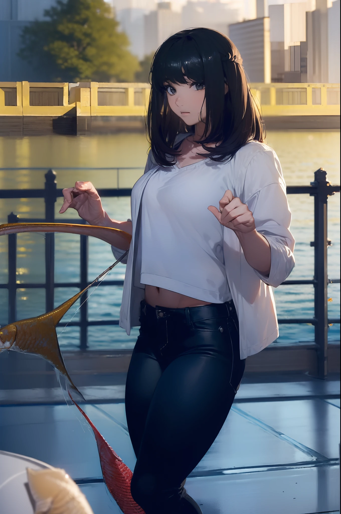 ((((catching a big fish by the lakeside:1.5)))),((Female 28 years old)),((Best Quality:1.5)),(((Hands with the correct number and structure of fingers:1.4))),((Big fish:1.37)),hight resolution,ultra-detailliert,masterpiece,best qualtiy,(Eight-headed body),Black hair, long eyes-lashes, Solid Circle Eyes, drop shadow, Atmospheric perspective,Super Detail, ccurate, small brest,(Black jacket and black jeans :1.1),top-quality, blurry backround, bokeh dof:1.2, (masterpiece:1.3), Atmospheric perspective,Super Detail,dynamic compositions,