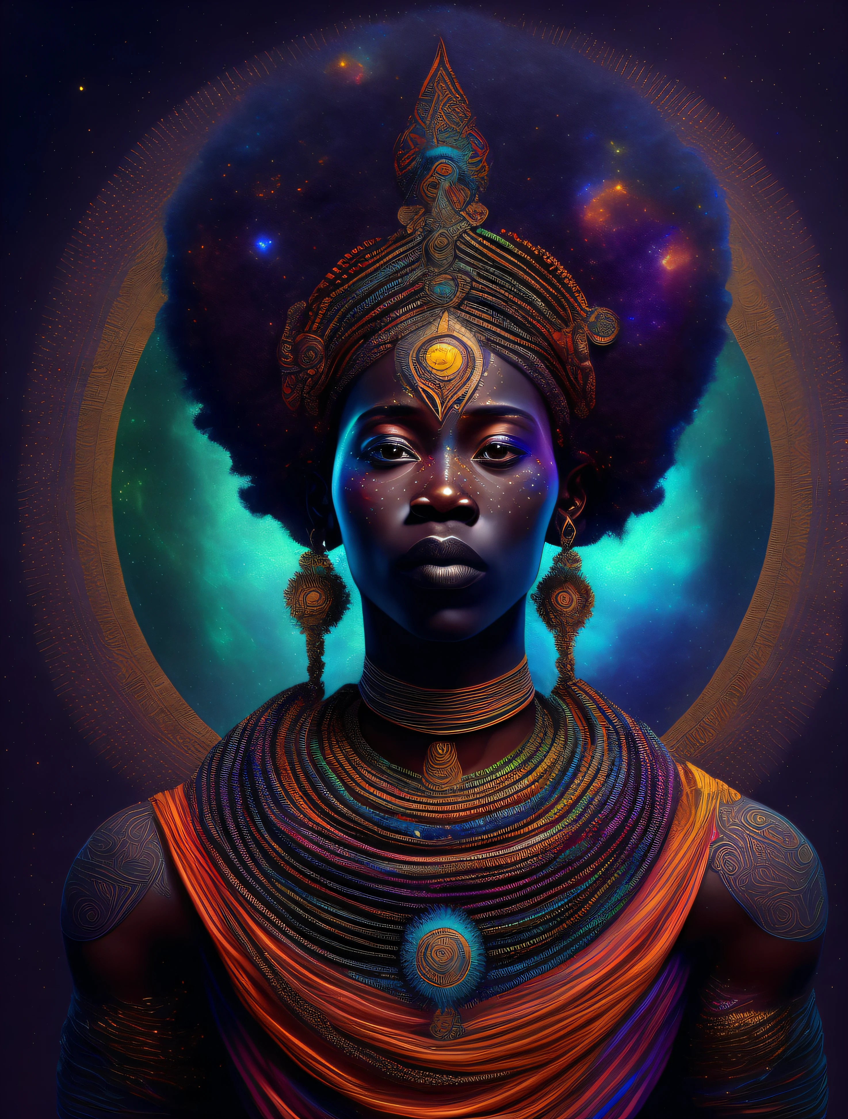 Oxumaré the African Orisha wearing a detailed and intricate ade, multicolored,god of transformation, pious gaze, cosmic god, cosmic multicolored background, astrophotography