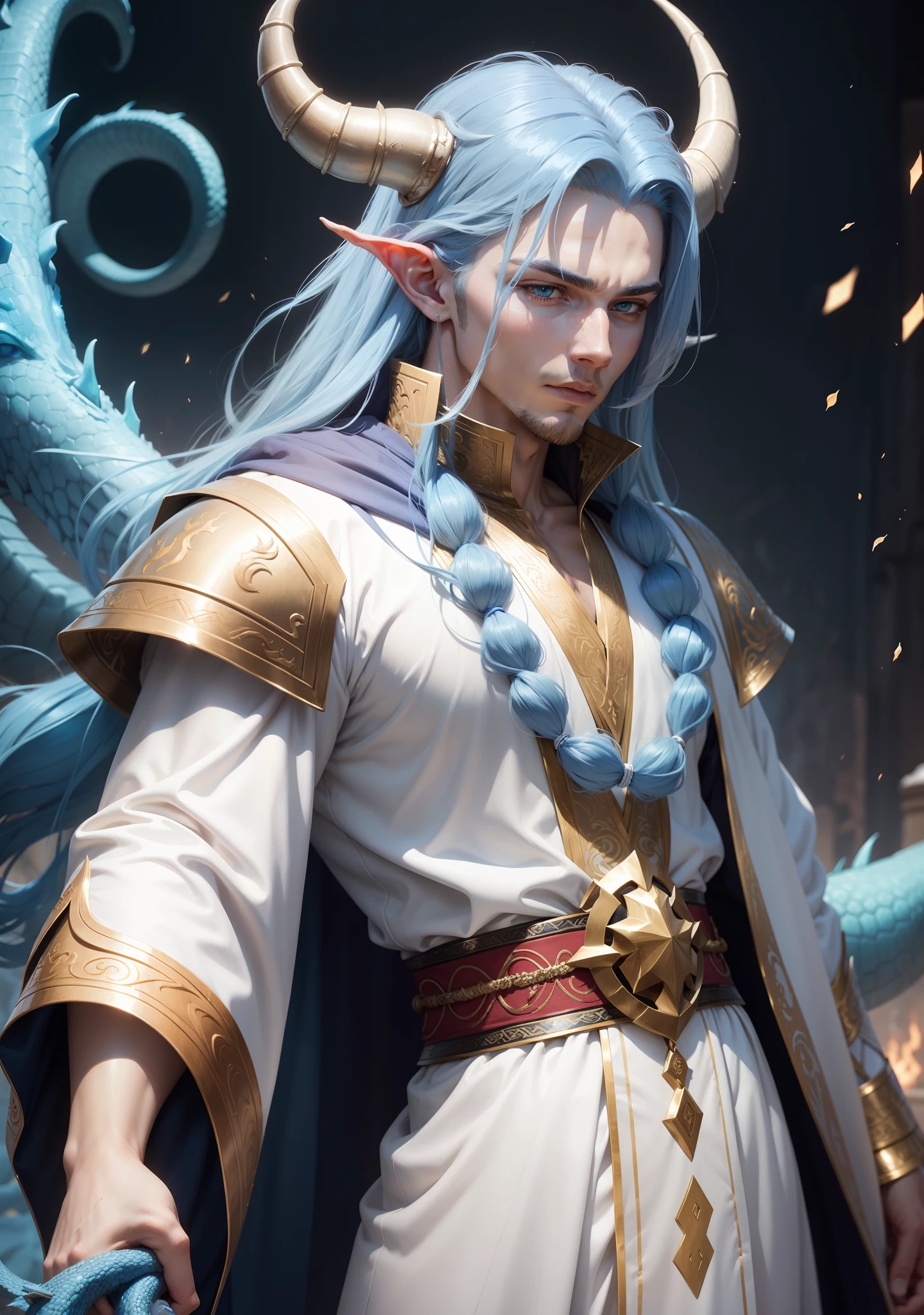 handsome young man with long blue hair, horns, dragon man, dragon king, white robes of divinity.
