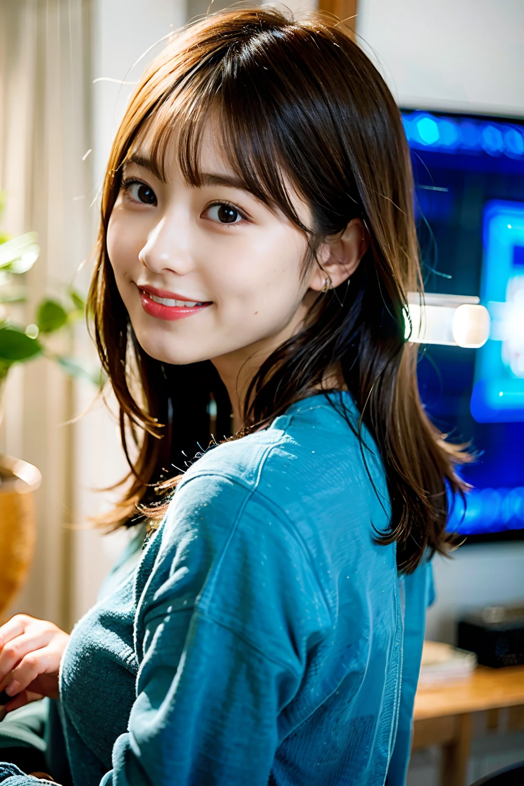 Woman looking back while watching TV、a smile