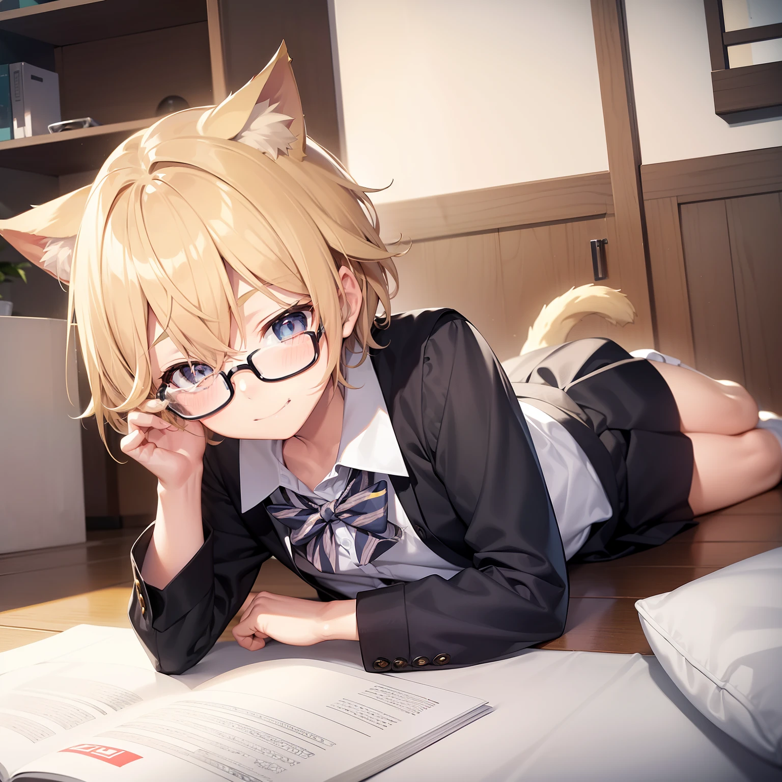 young boy, , blonde spiky hair, blonde cat ears, square glasses, white school uniform, light cyan eyes, bashful, mischievous smile, looking at viewer, home muji style