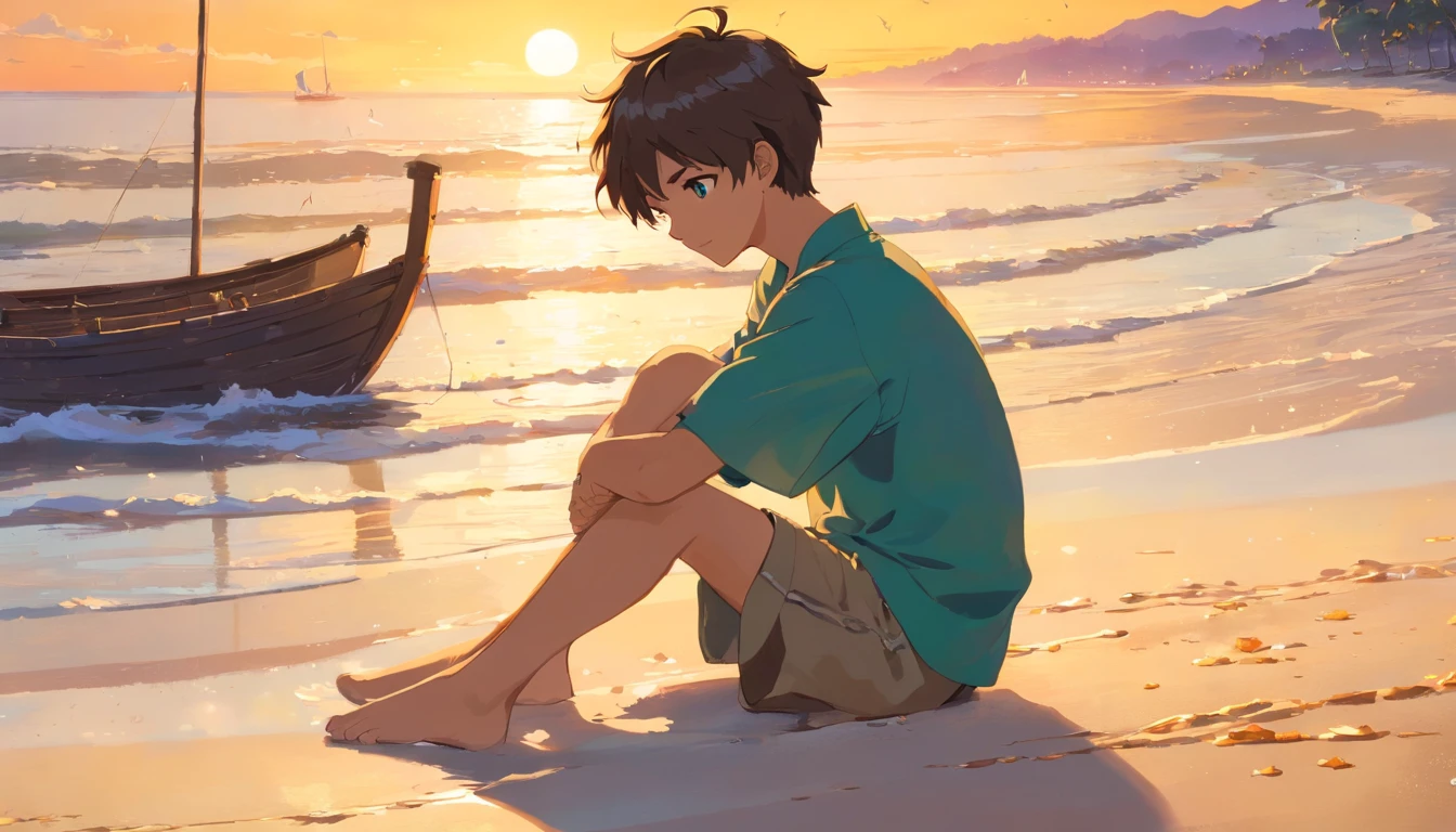 gently clasping a brush in his hand, as the vibrant hues of the sun's descent cast an ethereal glow upon the tranquil waters. The boy, with his eyes closed, embodies serenity and contemplation, his legs folded beneath him in a perfect lotus position. A soft breeze tousles his unruly chestnut hair, scattering golden grains of sand across his bare feet.
The canvas of his mind, like an artist's palette, envisions a majestic feline creation. With each stroke of the brush, the cat emerges, revealing a mosaic of rich colors and intricate patterns. Its emerald eyes gleam with a mischievous curiosity, reflecting the fading light of the setting sun. The artist skillfully captures the grace and elegance of the creature, its lithe body seemingly in motion, as if ready to pounce on an invisible prey.
Surrounding the meditative boy, the beach extends into the distance, bathed in warm, honeyed tones. Gentle waves crest and recede along the shore, leaving behind a lacework of foamy white trails. Seagulls dot the cerulean canvas above, their calls mingling with the rhythmic melody of the ocean. The sand, bathed in the last remnants of daylight, displays a myriad of colors, from soft ivory to burnished copper, as if sprinkled with stardust.
This artwork seamlessly interweaves the realms of fantasy and reality. The boy's introspection merges with the artistic creation, blurring the boundaries between painter and subject. The painting captures a moment of pure connection and creativity, where imagination dances harmoniously with the beauty of nature.