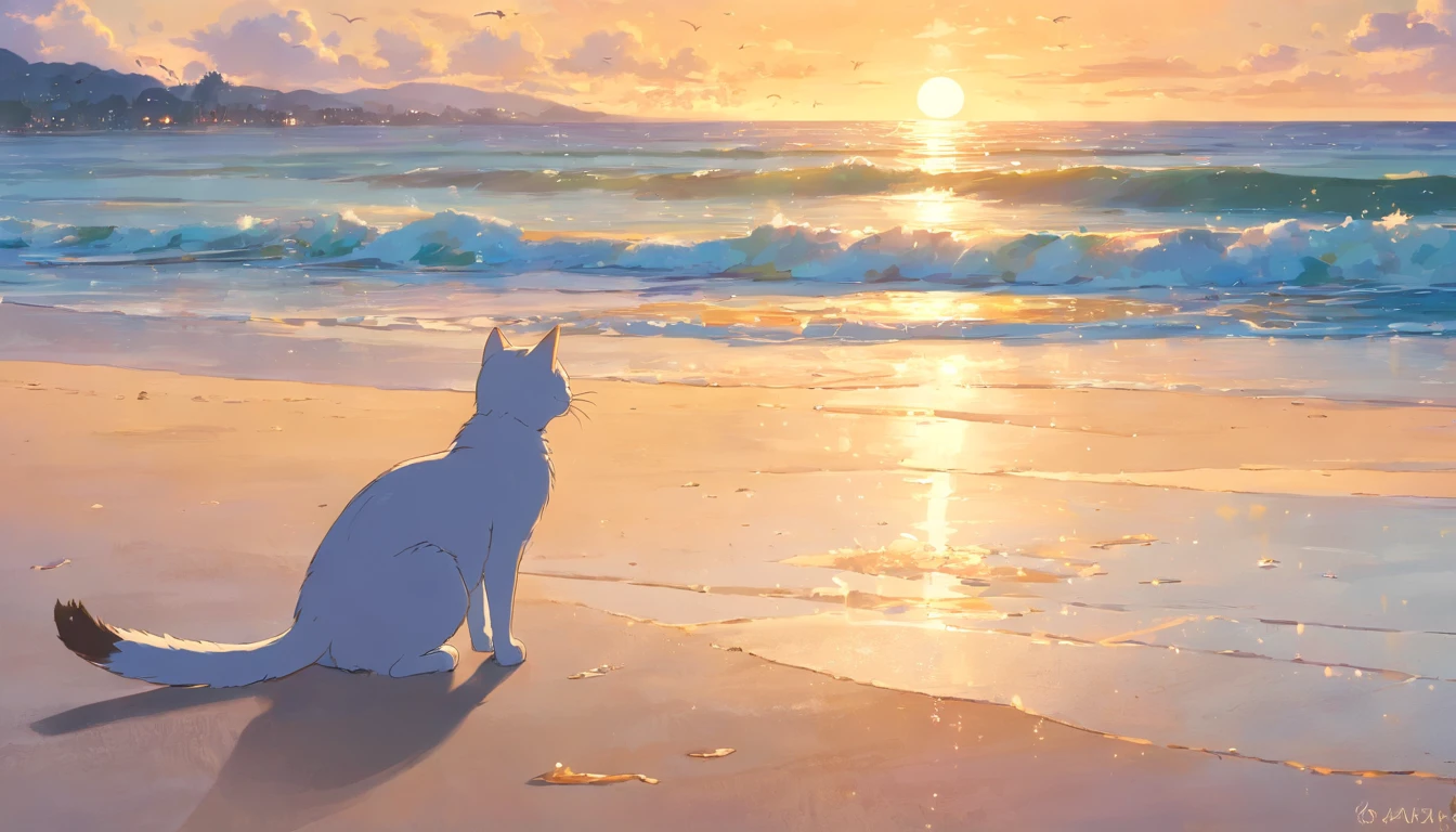 gently clasping a brush in his hand, as the vibrant hues of the sun's descent cast an ethereal glow upon the tranquil waters. The boy, with his eyes closed, embodies serenity and contemplation, his legs folded beneath him in a perfect lotus position. A soft breeze tousles his unruly chestnut hair, scattering golden grains of sand across his bare feet.
The canvas of his mind, like an artist's palette, envisions a majestic feline creation. With each stroke of the brush, the cat emerges, revealing a mosaic of rich colors and intricate patterns. Its emerald eyes gleam with a mischievous curiosity, reflecting the fading light of the setting sun. The artist skillfully captures the grace and elegance of the creature, its lithe body seemingly in motion, as if ready to pounce on an invisible prey.
Surrounding the meditative boy, the beach extends into the distance, bathed in warm, honeyed tones. Gentle waves crest and recede along the shore, leaving behind a lacework of foamy white trails. Seagulls dot the cerulean canvas above, their calls mingling with the rhythmic melody of the ocean. The sand, bathed in the last remnants of daylight, displays a myriad of colors, from soft ivory to burnished copper, as if sprinkled with stardust.
This artwork seamlessly interweaves the realms of fantasy and reality. The boy's introspection merges with the artistic creation, blurring the boundaries between painter and subject. The painting captures a moment of pure connection and creativity, where imagination dances harmoniously with the beauty of nature.