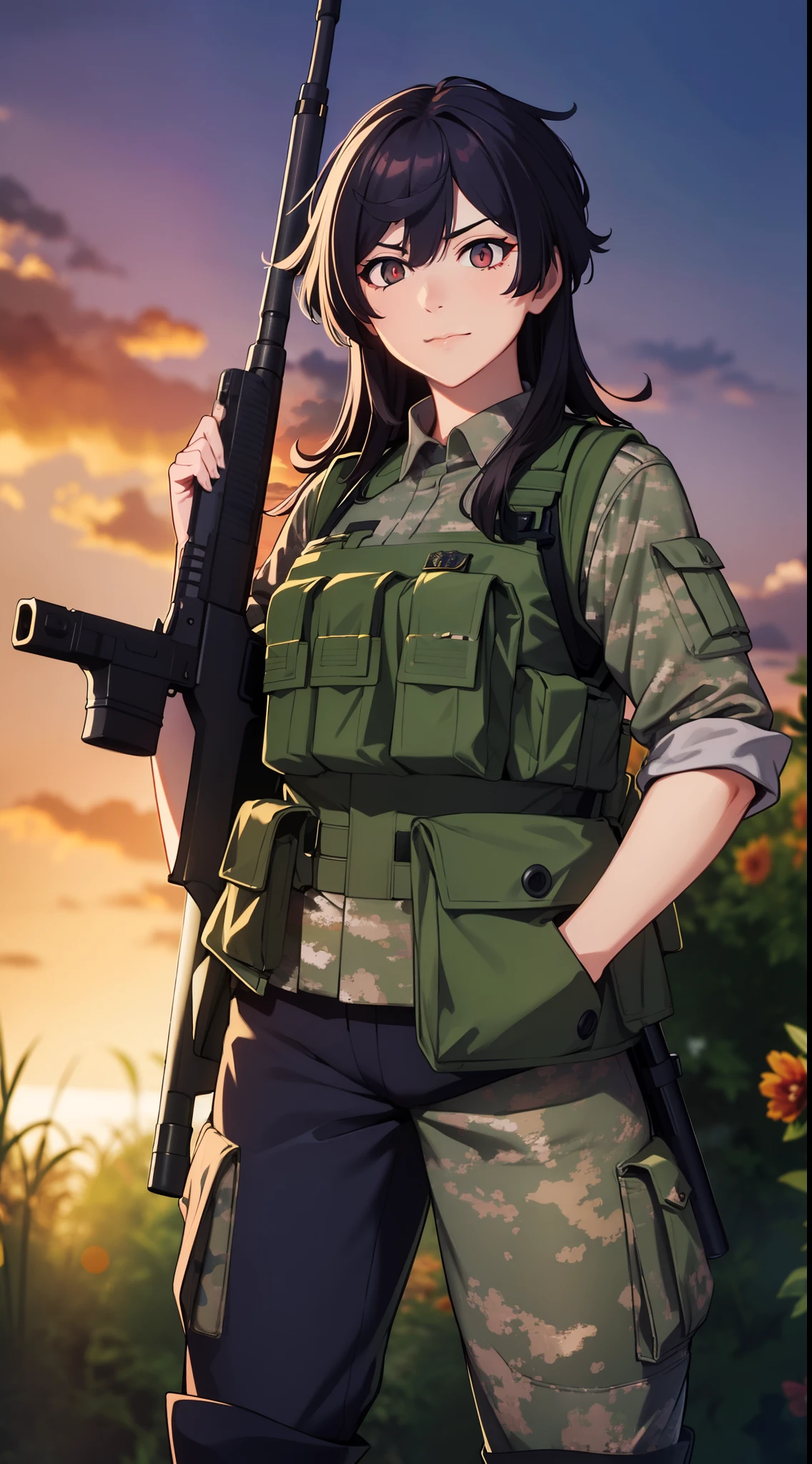(best quality, highres, ultra-detailed), female character wearing military clothes, holding a rifle, intense gaze, confident expression, detailed facial features, long eyelashes, military uniform with badge, tactical vest with pockets, combat boots, camouflage pattern, rifle with scope, military insignia, sunset lighting, dynamic pose, realistic shading and highlights, vibrant colors, professional illustration style