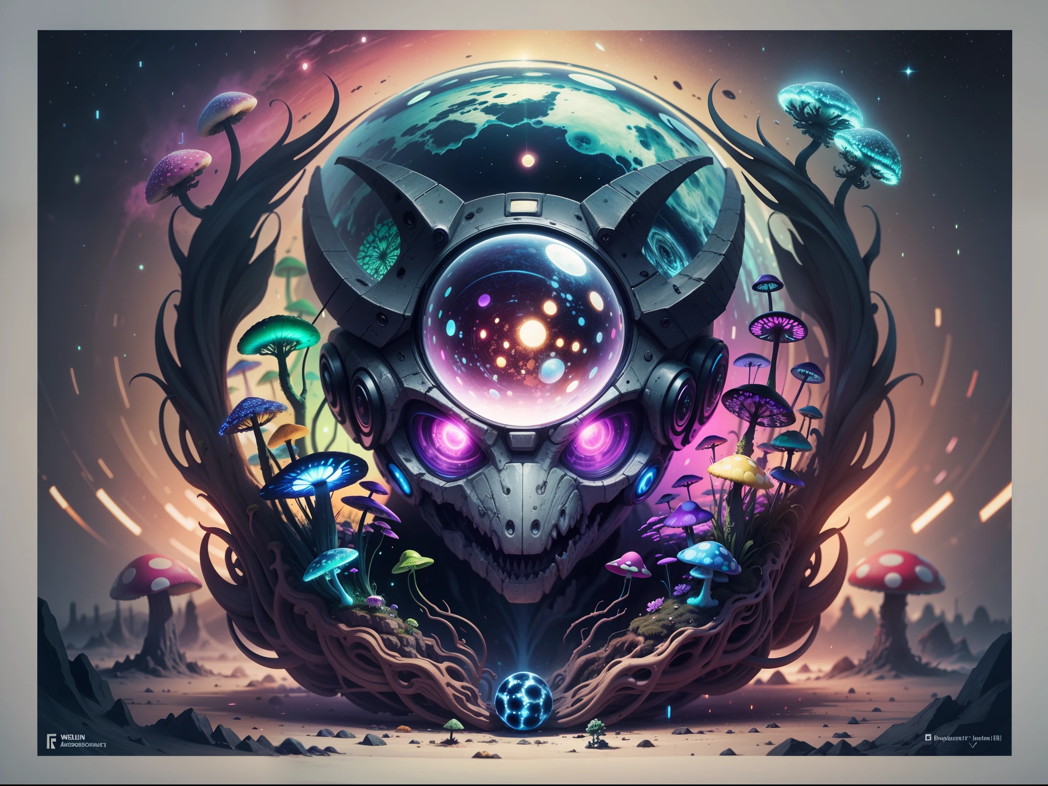 Alien , cyber , 8k , viele details , hyperrealistisch , alien , deviantart , psycedelic , mandelbrot fraktal , dichter und Bunter Pilzwald , viele Pilze psycedelic , unbekannter Planet , fremde Welt , Bei Nacht viele sterne , viele bunte farben , Bold colors , neon farben , dynamisches Licht , Mushroom , Pilze , Pilzwelt , psycedelic Alien:1.2