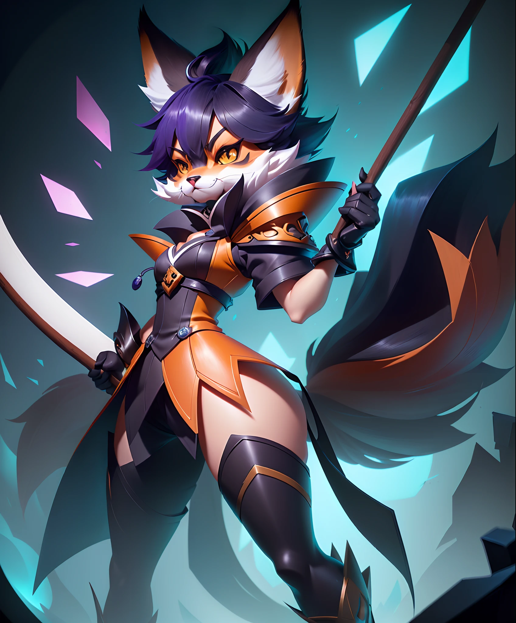 A cartoon cat with a long stick and a big head, fox from league of legends chibi, Stylized concept art, Riot game concept art, furry fantasy art, stylised fox - like appearance, Onmyoji detailed art, Furry character, edgBunny_Character, Stylized character design, painted as a game concept art, trending on polycount