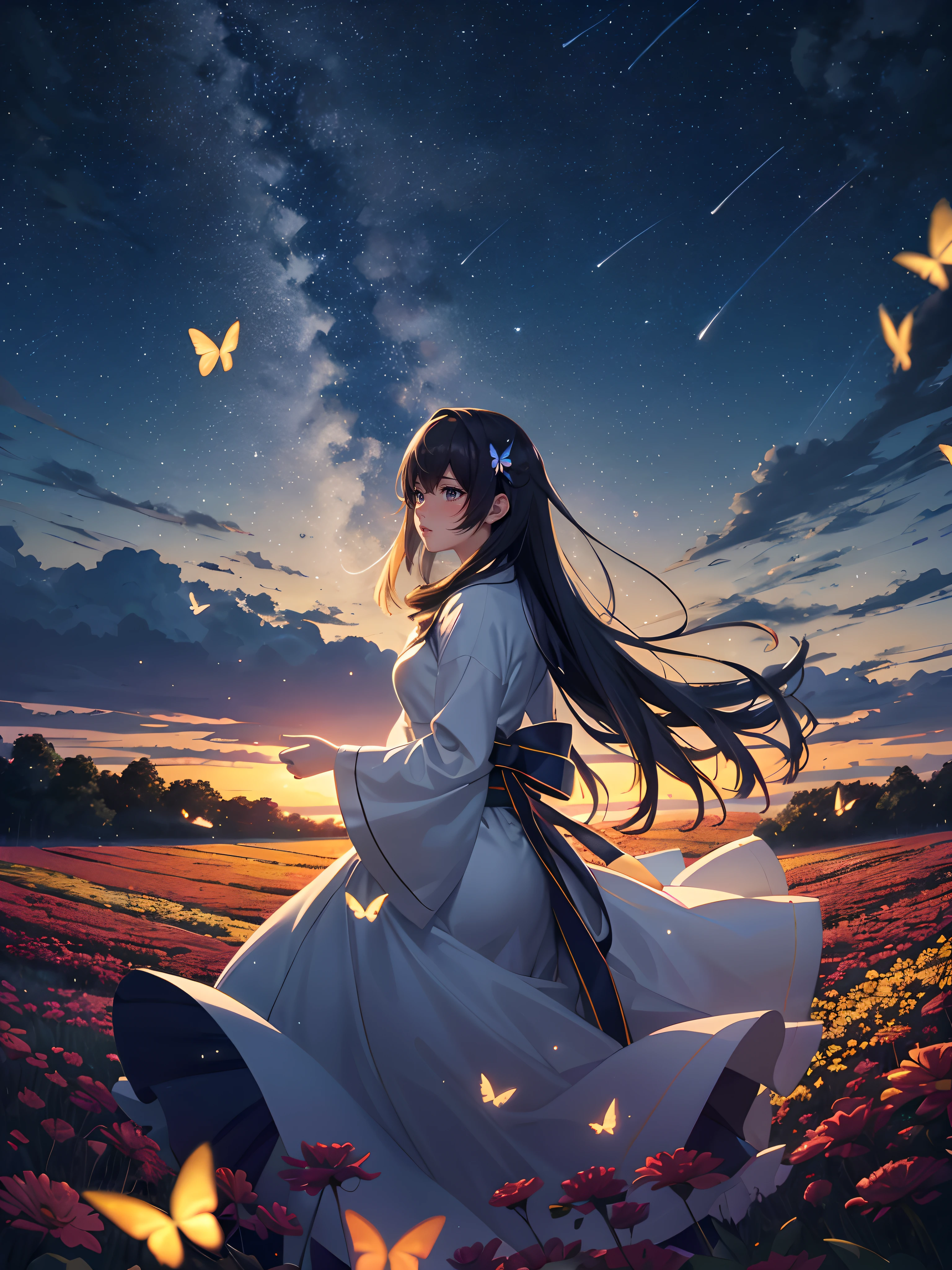 Landscape, Anime landscape with long asian girl long dress standing back in a field of glow flowers with glow butterflies flying around, bery many lots of glow butterfly, fireflies, very many lots of fireflies, makoto shinkai cyril rolando, anime art wallpaper 8k, Top quality masterpiece, deep focus, macro shot, fliying fireflies, lots lamp, falling leaf, falling lead is a strong glow light, glow particle, anime, object, girl (girl walking a long masterpiece) (long object), color combination masterpiece, glow light, morning, night, house, water, reflection, beautiful anime scene, japanese concept landscape art, volumetric lighting, bokeh, anime beautiful peace scene, many lots of fliying glow particle, lanscape, 4k beautiful night anime, intricate, elegant, point of interest photography, perfect night landscape anime (masterpiece, side lighting, finely detailed beautiful clear night lanscape), long hair, lots of hair, clear sky, ray of light, rule of third photography, point of interest photography, perfect landscape color tone, leaf, falling leaf, dew, little water, Fog, saturation glow light,