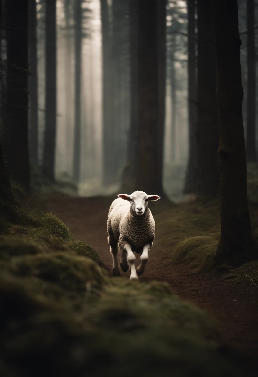 A lamb that looks like it's lost in a forest, And Jesus blurred running toward the Lamb