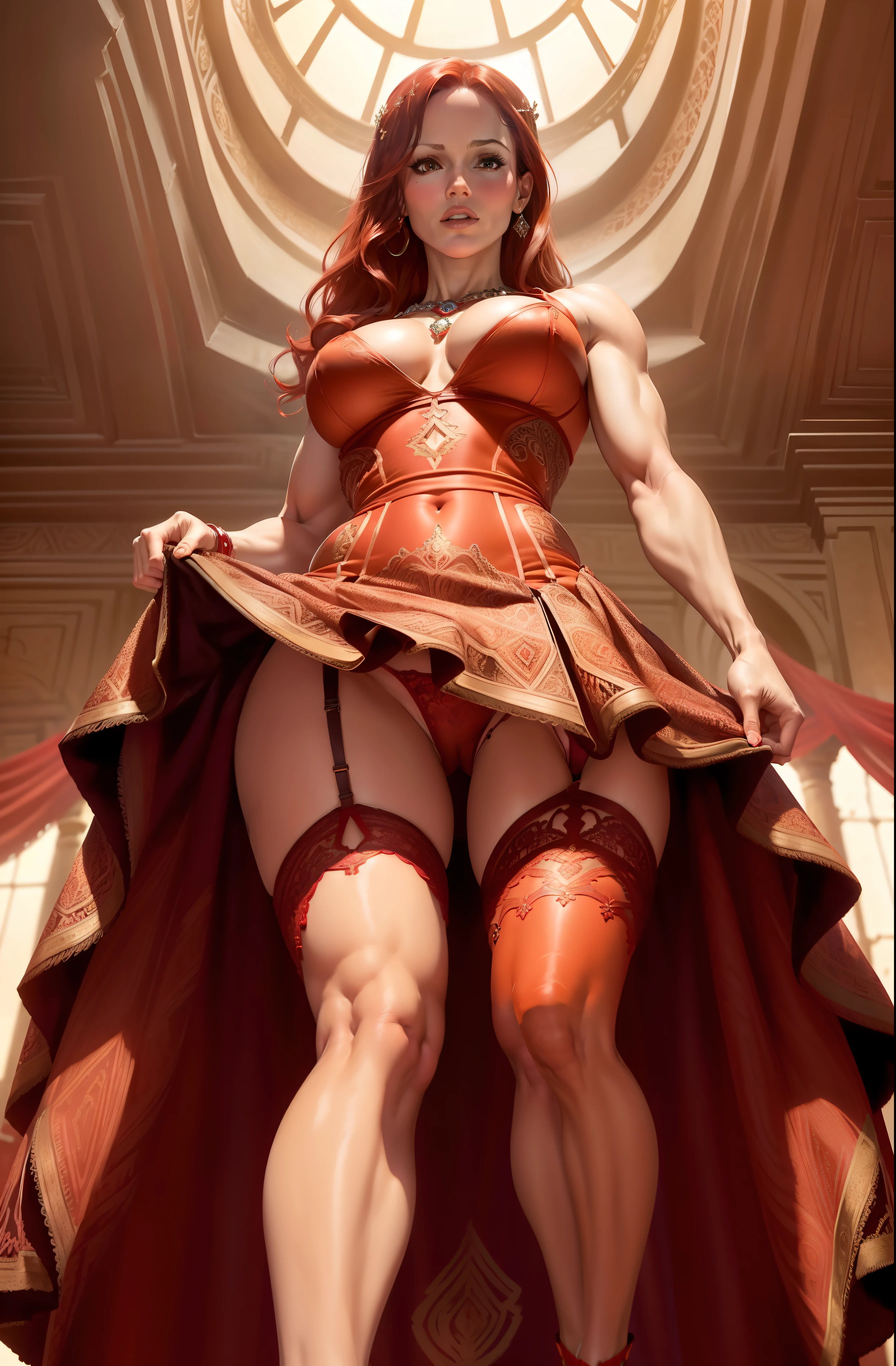 Jennifer Garner in a red and black intricate lace evening dress, ((red hair)), ((defined muscles)), ((athletic build)), (((upskirt))), (((no panties))), (((cameltoe))), (((camel toe))), lots of cleavage, thigh showing, ((in an ancient castle ballroom)), ((intricate diamond necklace)), ((Very colorful background)), (((garters)))