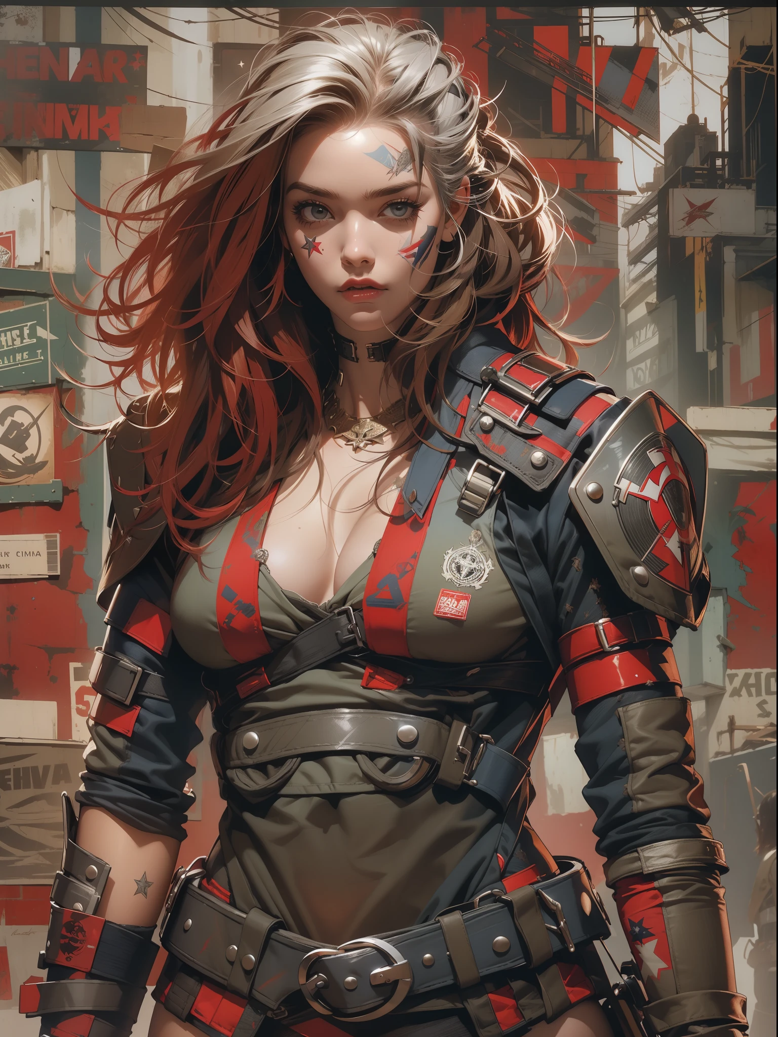 (((mulher))), (((melhor qualidade))), (((obra prima))), (((adulto))), (((1girl))), ((( corte de cabelo bob ))), Uma gladiadora cyberpunk mulher de 25 s com corpo perfeito, shoulder pads with metal spines, Gladiadores do Brooklyn, (( corte de cabelo bob )), tiny leather panamiseta de time de rugby rasgada, quase nua no estilo selvagem urbano de Simon Bisley para a capa da revista Heavy Metal, Cabelo loiro curto, Minimum clothing, Metal protection on the left arm with intricate graphics, Dark red with white stars and white and navy blue checkerboard pattern, armadura, cheio de pontas e rebites, (((do joelho pra cima))), cabelos loiro branco curto, no fundo uma parede pintada por Shepard Fairey com um design intrincado