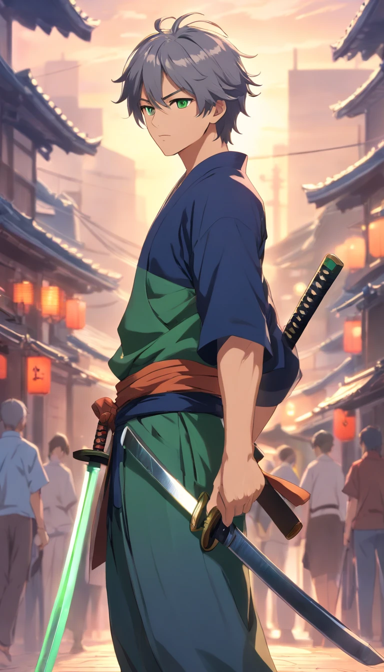 Anime male with a katana on his back and a Tanto on his hip, grey hair,green eyes, 4k Quality, ninja, samurai