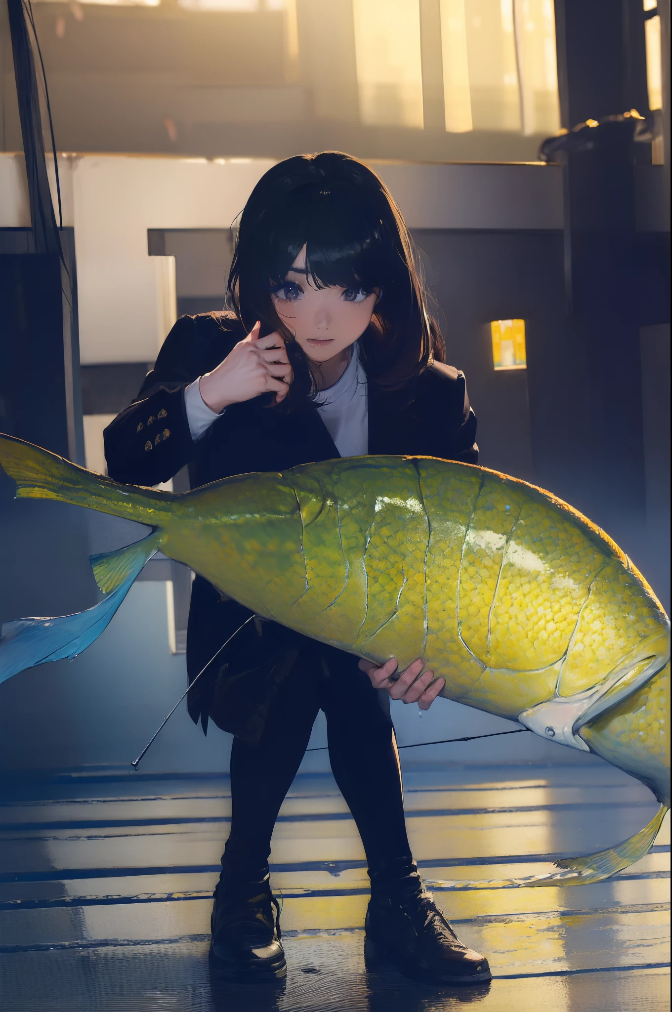 ((((catching a big fish by the lakeside:1.5)))),((Female 28 years old)),((Best Quality:1.5)),(((Hands with the correct number and structure of fingers:1.4))),((Big fish:1.37)),hight resolution,ultra-detailliert,​masterpiece,best qualtiy,(Eight-headed body),Black hair, long eyes-lashes, Solid Circle Eyes, drop shadow, Atmospheric perspective,Super Detail, ccurate, small brest,(Black jacket and black jeans :1.1),top-quality, blurry backround, bokeh dof:1.2, (​masterpiece:1.3),  Atmospheric perspective,Super Detail,dynamic compositions,