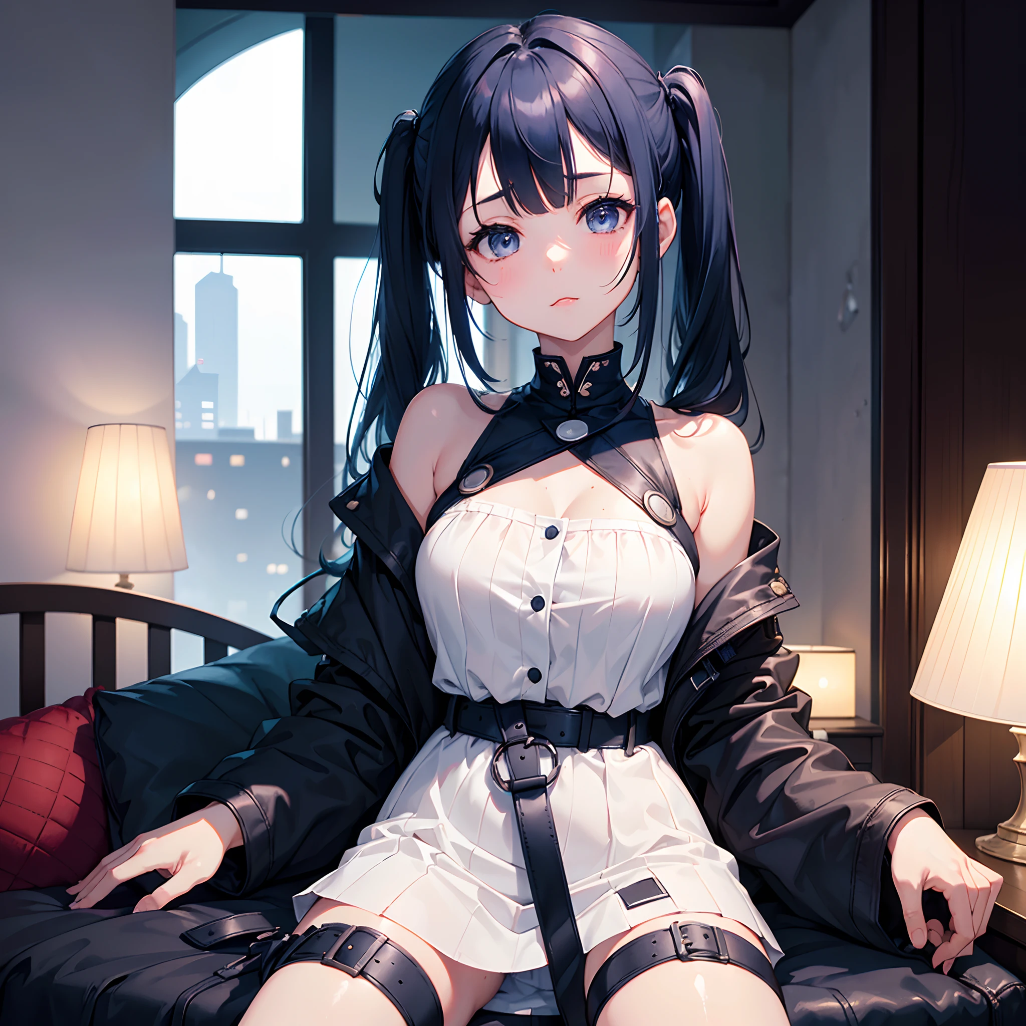 (masterpiece), best quality, expressive eyes, perfect face, navy blue hair, medium hair, pigtails hairstyle, black eyes, eyes detail, soft skin, cute face, (happy facial features), beautiful girl, high quality, high resolution, long medium shot, sleepy eyes, view from below, one-piece outfit , lots of detail, night,