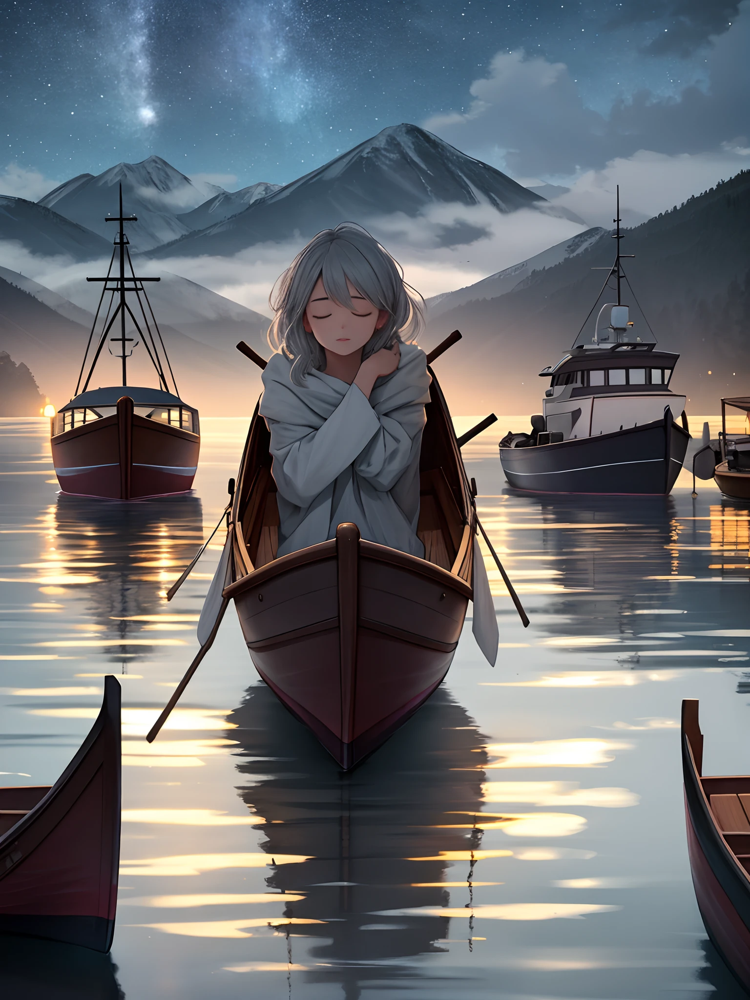 A serene lake reflecting the moonlight, a lone boat drifting slowly on the calm water, distant mountains shrouded in mist, beautiful stars dotting the night sky, a peaceful and tranquil atmosphere, soft and gentle waves lapping against the boat, a sense of serenity and tranquility, the boat bathed in the soft glow of moonlight, a feeling of solitude and introspection, a subtle and dreamy color palette, a touch of mystique in the air, the scent of night flowers carried by a gentle breeze, a hint of nostalgia in the surroundings. (best quality, highres:1.2), ultra-detailed, (realistic:1.37), HDR, studio lighting, ultra-fine painting, sharp focus, physically-based rendering, extreme detail description, professional, vivid colors, bokeh, landscape.
