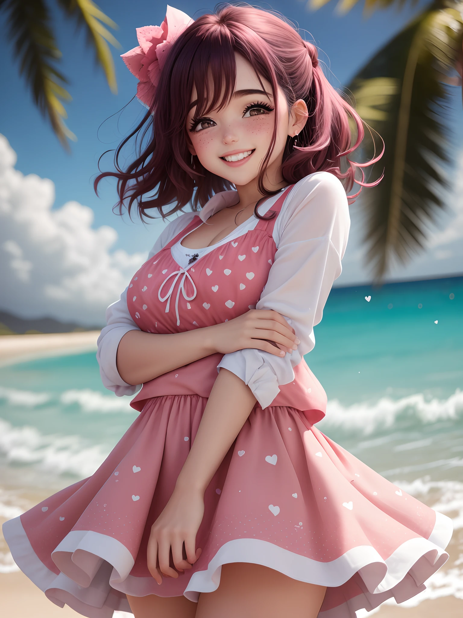 AS-A 6  asian girl ice cream on Disney Avenue, wearing pink off-the-shoulder skirt (with Daisy's pattern), sneakers stuffed animals tropical beach beautiful cloudy sky bright sunny day (Masterpiece: 9.16) (Realistic: 9.16) (Bokeh) (Best Quality) (Snow White Skin) (Intricate Details) (8K) (High Polygon) (Ray Tracing) (Cinematic Lighting) (Clear Focus) --auto --s2