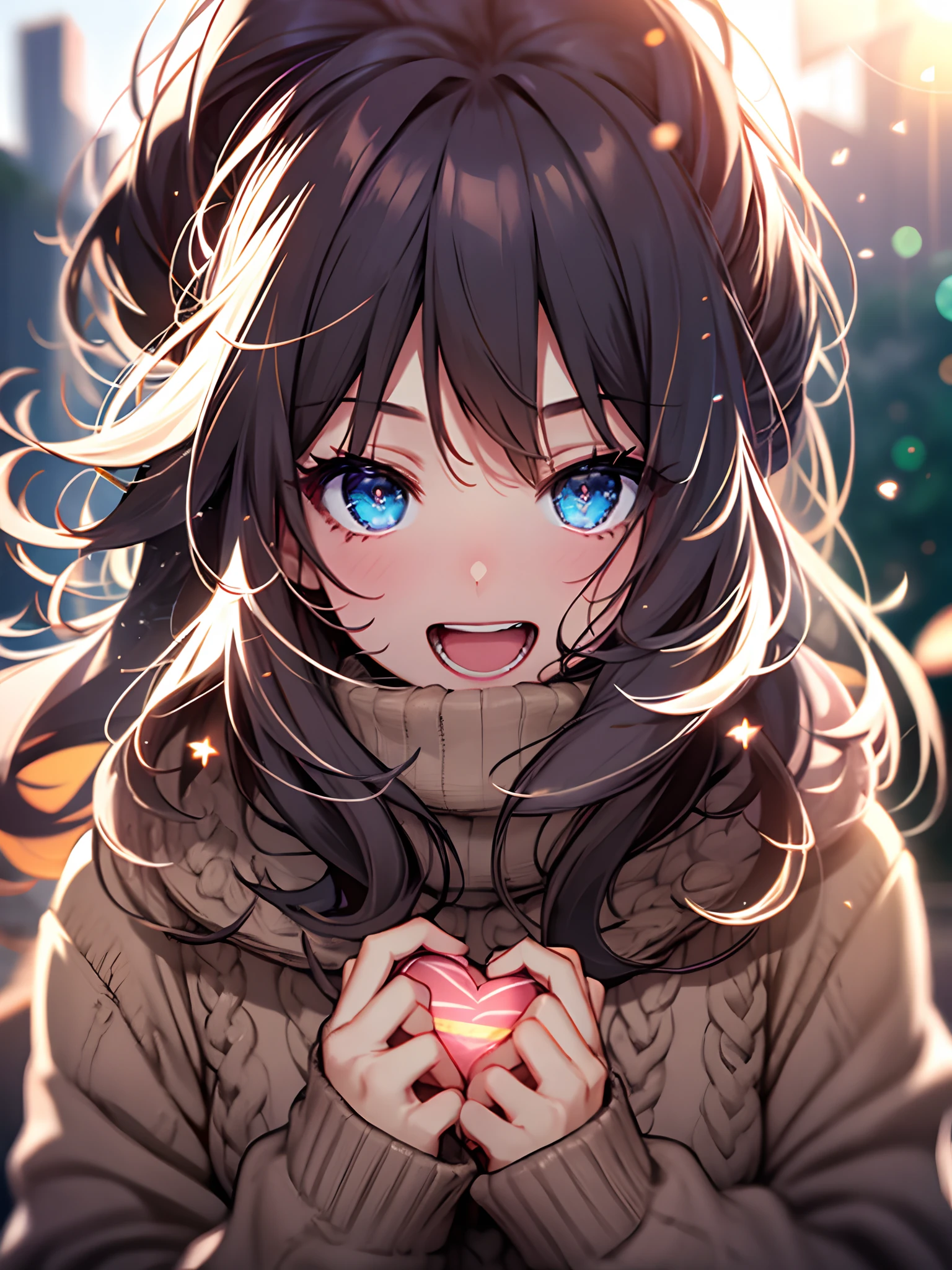 a girl, cosy sweater on, upper body, (huge Laughing:1.1), (open mouth:1.1), (wide open eyes:1.2), sun glare, bokeh, depth of field, blurry background, light particles, strong wind, (heart particles:1.1)