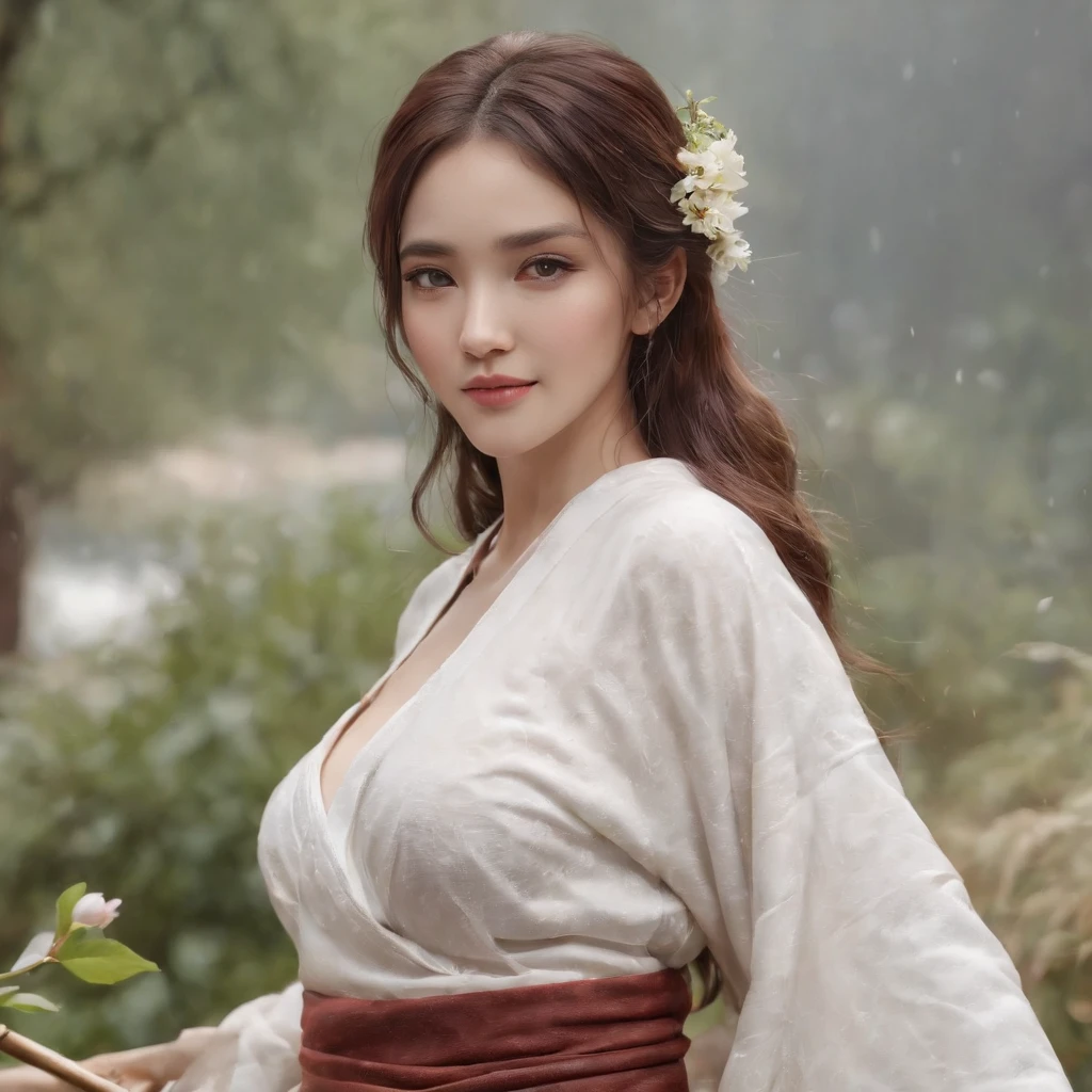 (Professional 3D Rendering:1.3) in the (Realistic:1.3) The most beautiful artwork photos in the world，Features soft and shiny beauties, (fantastic location, majestic cluttered environment)), Full body 8K unity rendering, action SHOT, skin pore, Very dark lighting, Heavy shading, Detailed, Detailed face, (Vibrant, photos realistic, Realistic, Dramatic, Dark, Sharp Focus, 8K), (Old leather garments damaged by weathering:1.4), ((((Wear fur)))), (Convoluted:1.4), Decadent, (Highly detailed:1.4), Digital Painting, rendering by octane, art  stations, concept-art, Smooth, Sharp Focus, Illustration, (Global Illumination, studio lights, volumettic light), Heavy rain, particles floating, lotr, Fantasy, elf, full body Esbian,photos realistic、realistic footage、Woman with beautiful eyesmasterpiece, top quality, best quality,1girl, solo, japanese clothes, flower, long hair, hair ornament, kimono, mole, apron, floral print, looking at viewer, hair flower, bangs, blurry, long sleeves, wide sleeves, white apron,large breasts,(nafw),handpull,pulled by self,clothes pull,kimono pull,flashing,one breast out,no bra,cleavage,selfie,smile,blush,cowboy shot