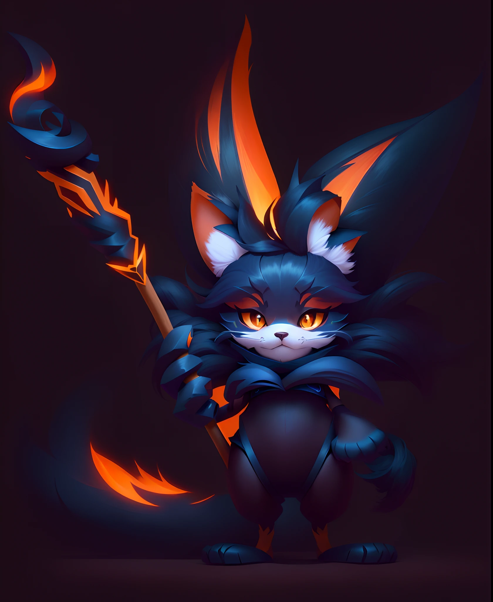 A cartoon cat with a long stick and a big head, fox from league of legends chibi, Stylized concept art, Riot game concept art, furry fantasy art, stylised fox - like appearance, Onmyoji detailed art, Furry character, edgBunny_Character, Stylized character design, painted as a game concept art, trending on polycount