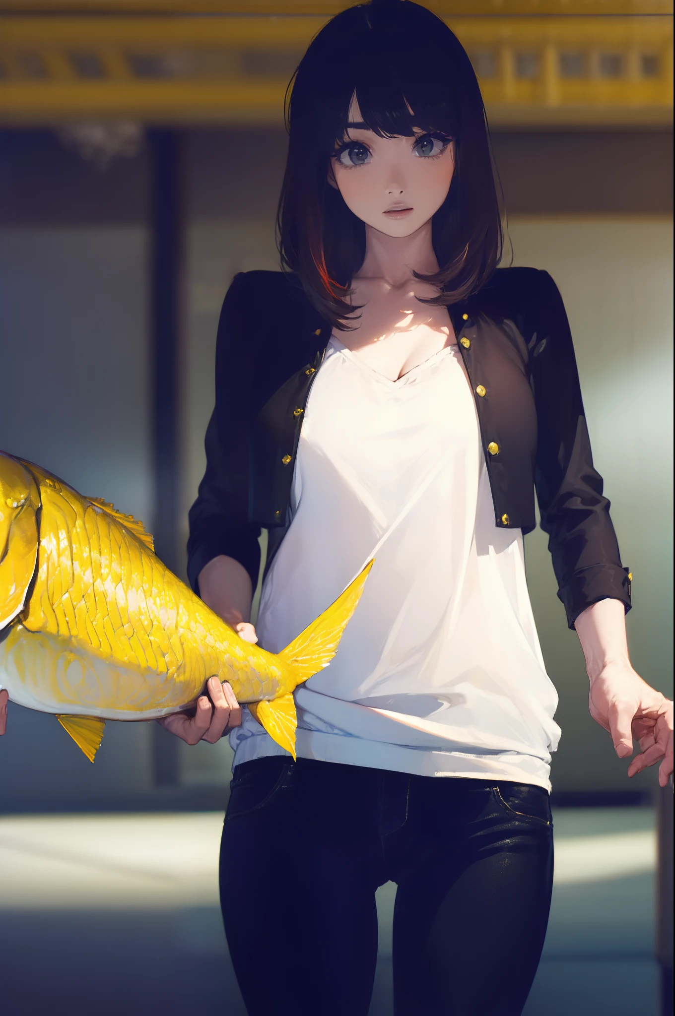 ((((catching a big fish by the lakeside:1.5)))),((Female 28 years old)),((Best Quality:1.5)),(((Hands with the correct number and structure of fingers:1.4))),((Big fish:1.37)),hight resolution,ultra-detailliert,masterpiece,best qualtiy,(Eight-headed body),Black hair, long eyes-lashes, Solid Circle Eyes, drop shadow, Atmospheric perspective,Super Detail, ccurate, small brest,(Black jacket and black jeans :1.1),top-quality, blurry backround, bokeh dof:1.2, (masterpiece:1.3), Atmospheric perspective,Super Detail,dynamic compositions,