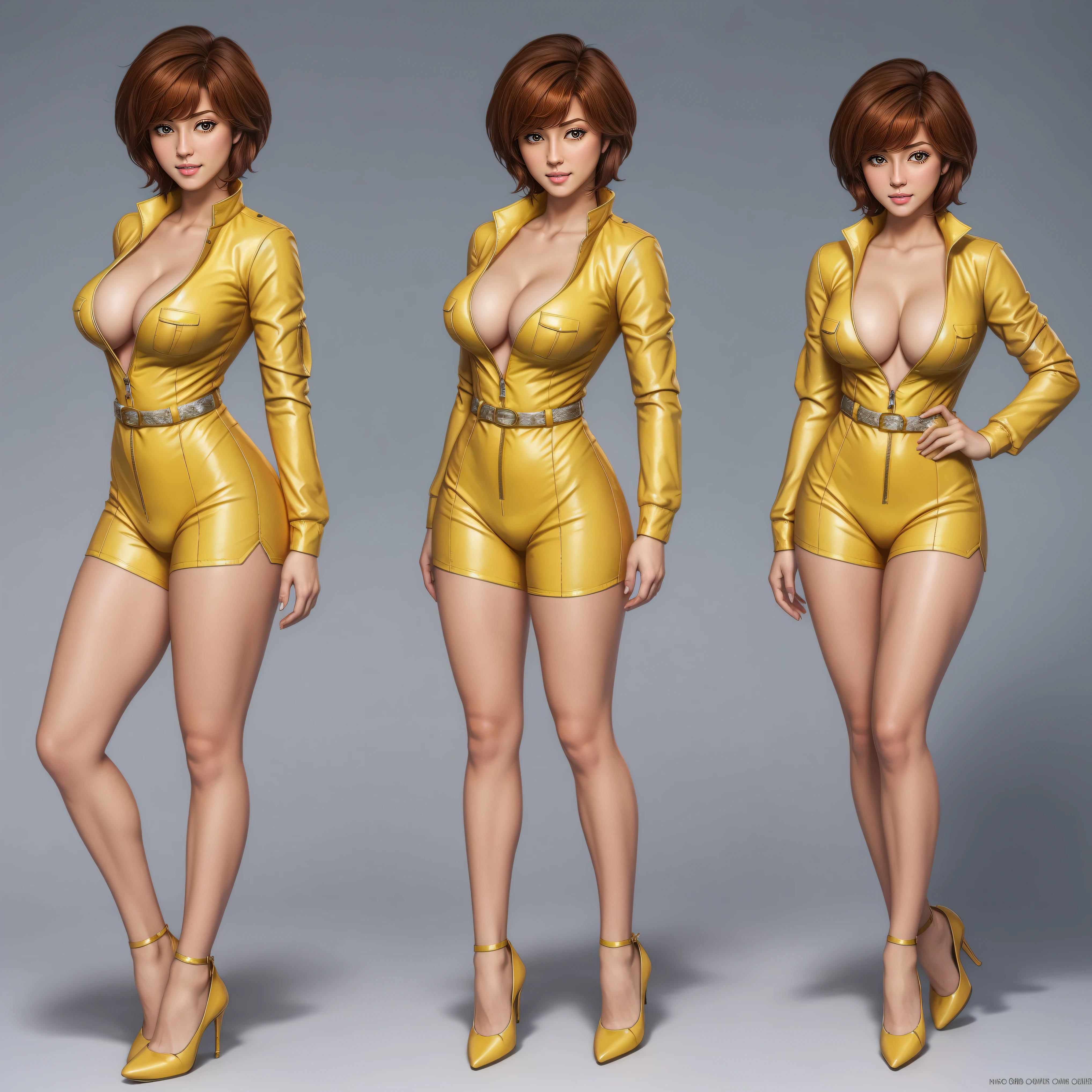 April O'neil wearing only a transparent yellow jacket solo, short messy brown hair, brown eyes, 8k, ((full-body)), cleavage, (best quality:1.2), detailed face, smooth soft skin, big dreamy eyes, beautiful intricate coloured hair, symmetrical, anime wide eyes, soft lighting, concept art, full body portrait, yellow heels, shoes visible, cowboy shot, face view, ass view, puffy nipple, no background