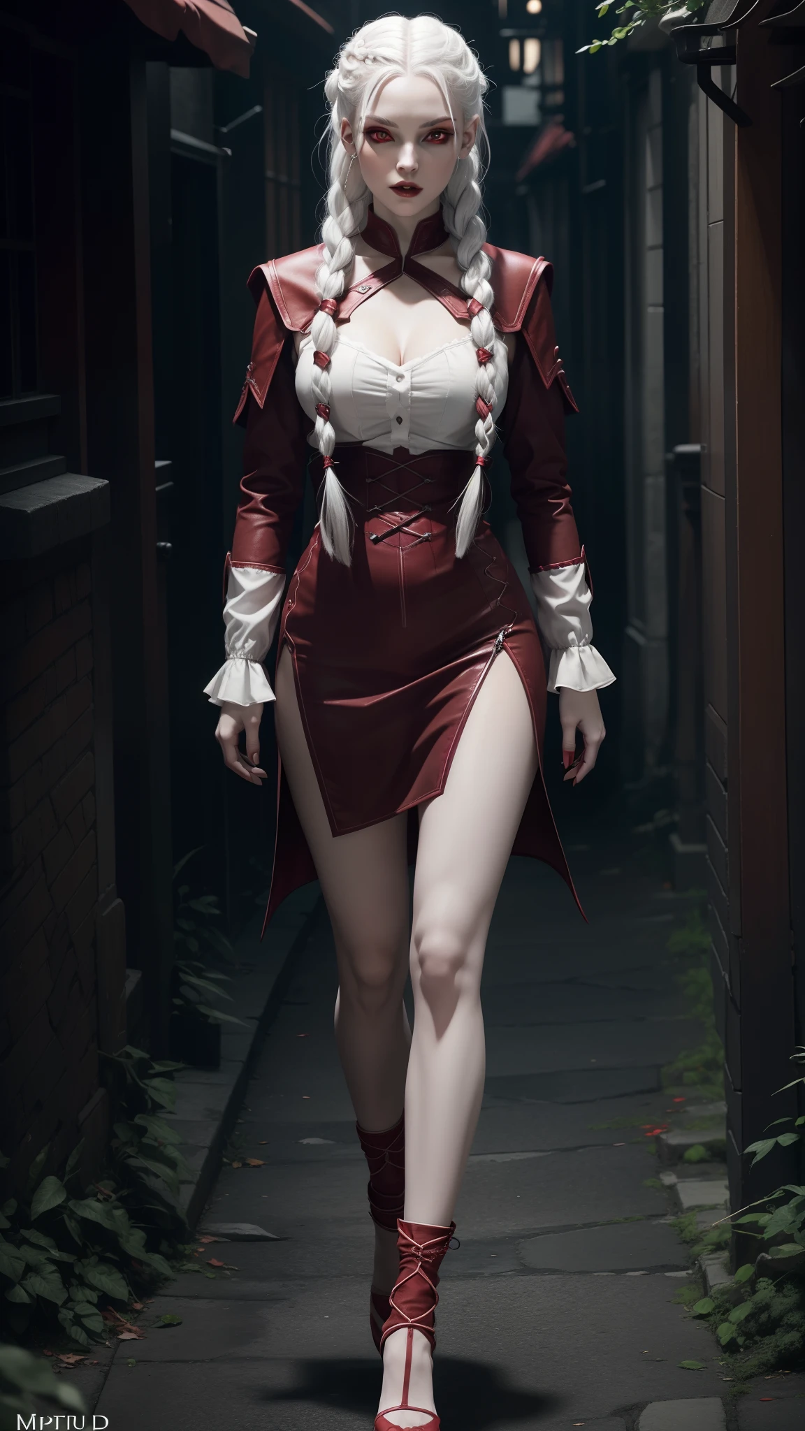 1 vampire adult woman with ((full body):1.5, ((light ((red:1)) eyes retina)), white hair with braids:1.3, pale-skinned), (alone), masterpiece, 16k, UHD, best possible quality, ((best possible detail):1), best possible resolution, Unreal Engine 5, professional photography