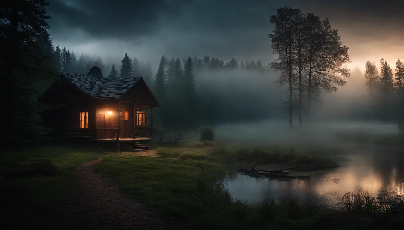 storm in the forest with a lot of fog, a cabin with windows and doors illuminated by light, a pond in front of the cabin, realistic, cinematic high definition image