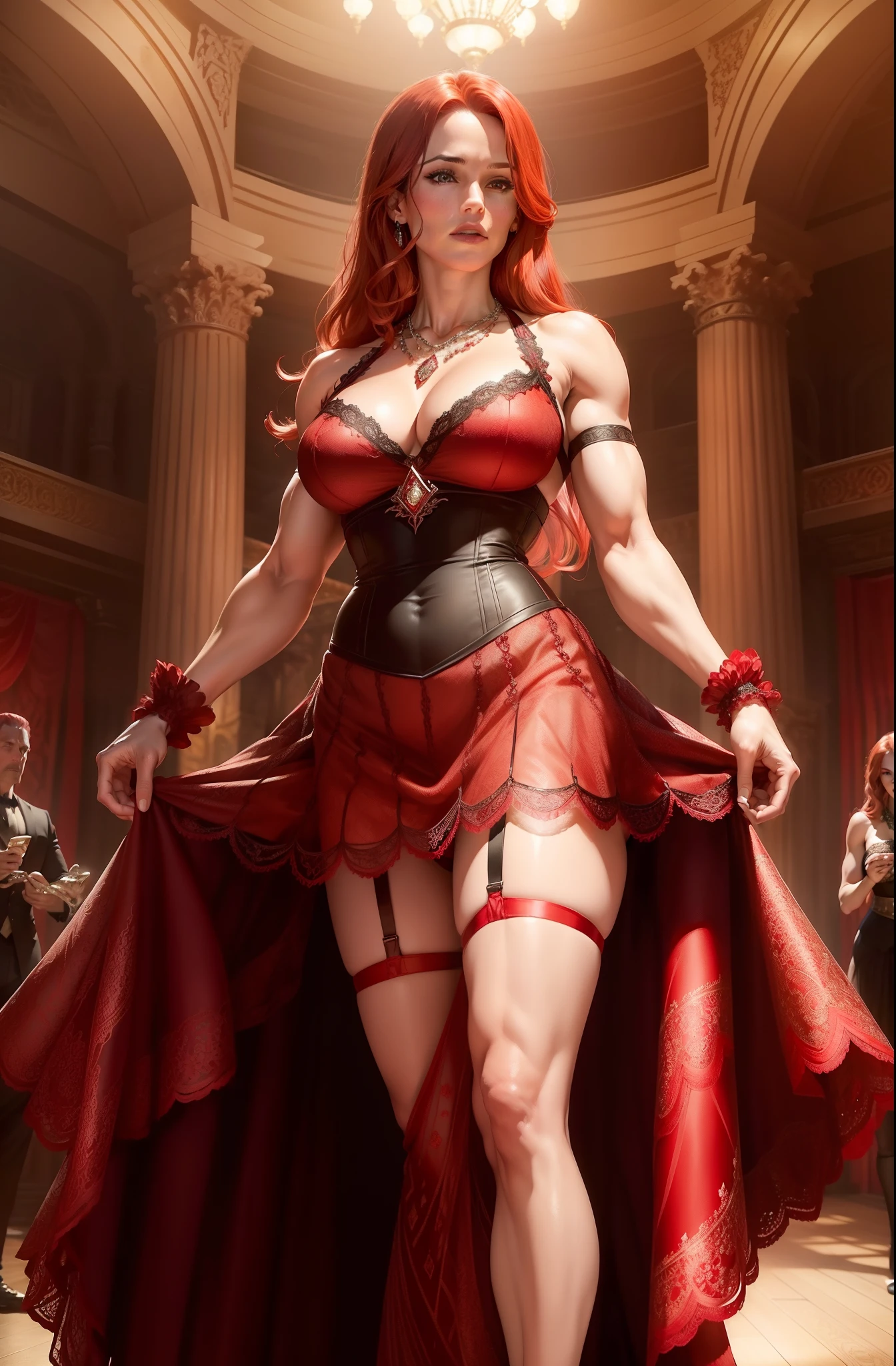 Jennifer Garner in a red and black intricate lace evening dress, ((red hair)), ((defined muscles)), ((athletic build)), lots of cleavage, thigh showing, underwear showing, ((in an ancient castle ballroom)), ((intricate diamond necklace)), ((Very colorful background)), (((garters)))