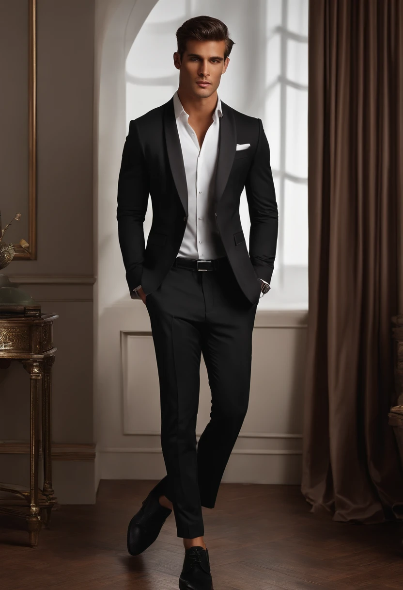 arafed man in a white shirt and black pants standing in a room, roupas sob medida, grey pants and black dress shoes, apelo masculino alta moda, Vestido Formal, Homem magro com pele negra, careca, Macho bonito, male proportions, bonito e elegante, black suit pants, modelo masculino, modelo posando, with a business suit on, bonito e atraente